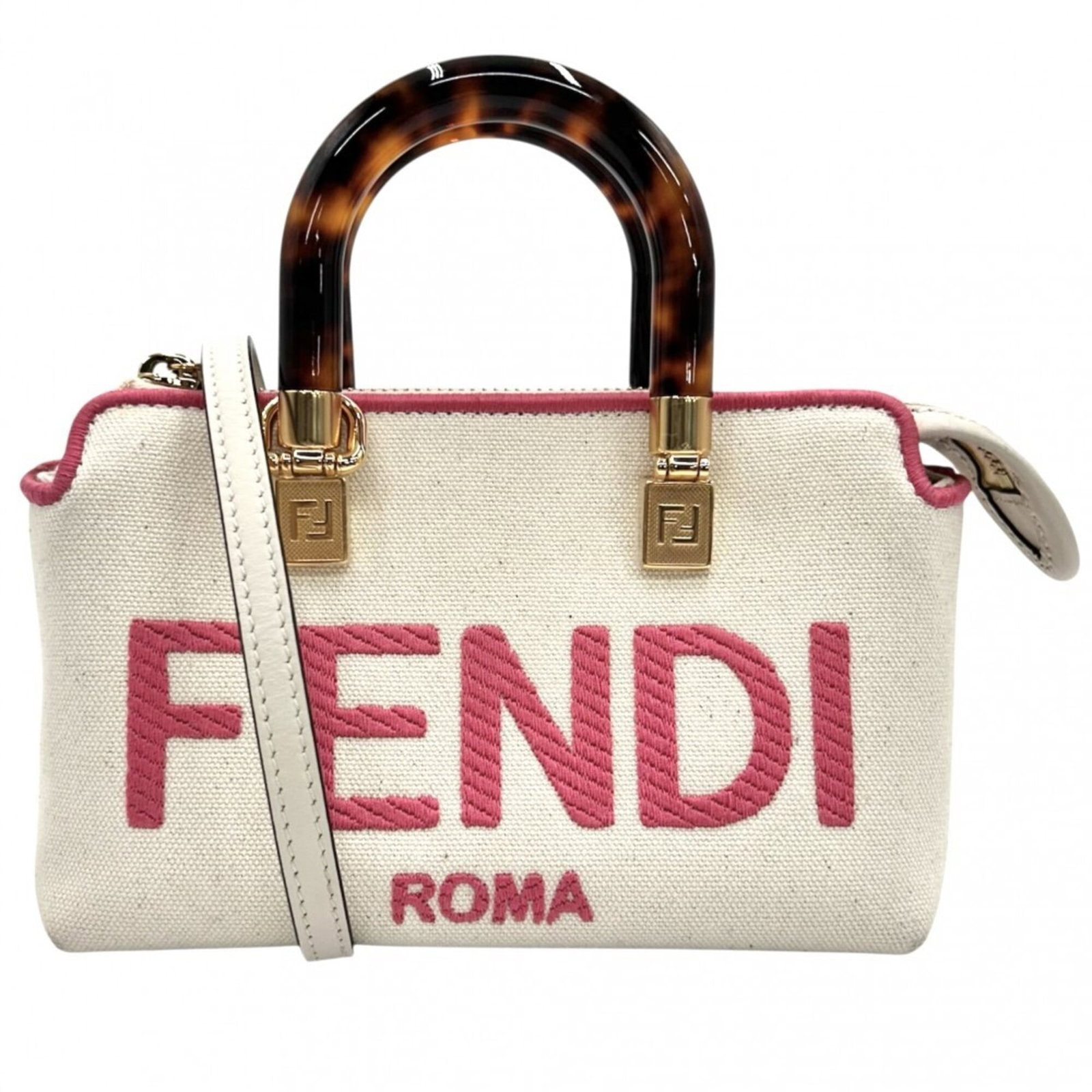 Handbag canvas leather shoulder bag by Fendi: Handbag canvas leather shoulder bag by Fendi Canvas and leather combine in this elegant Fendi shoulder bag, available in ivory with pink accents. The compact size - measuring 11.5cm x 16.5cm x 9cm - m