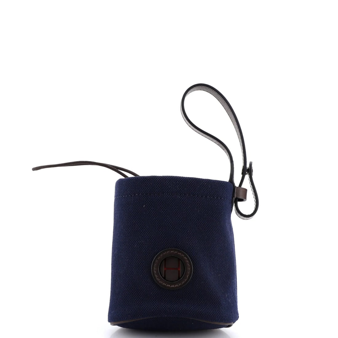Hermes On-The-Go Dog Pouch Toile: Hermes On-The-Go Dog Pouch Toile Canvas blue exterior, orange interior, and palladium hardware define the Hermes On-The-Go Dog Pouch Toile. Measuring 4" in handle drop and 4.5" in height, this compact