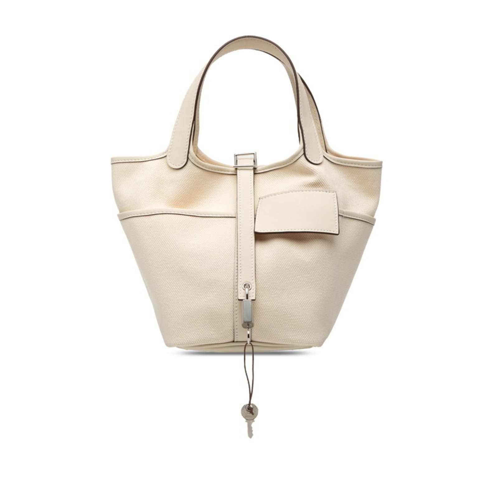 Hermes Handbag Toile H Swift Leather: Hermes Handbag Toile H Swift Leather Toile H Swift Leather Handbag from Hermes. This white handbag features Toile H, Swift leather and measures 18cm x 14cm x 19cm. It comes with a belt closure and a h