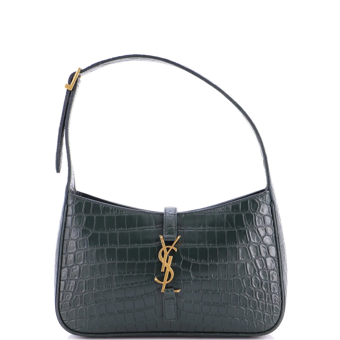 Hobo Crocodile Embossed Leather Small Saint Laurent Le 5 a 7: Hobo Crocodile Embossed Leather Small Saint Laurent Le 5 a 7 Small Saint Laurent Le 5 a 7 Hobo Crocodile Embossed Leather Bag in Green features a unique green exterior with suede interior, adorned wit
