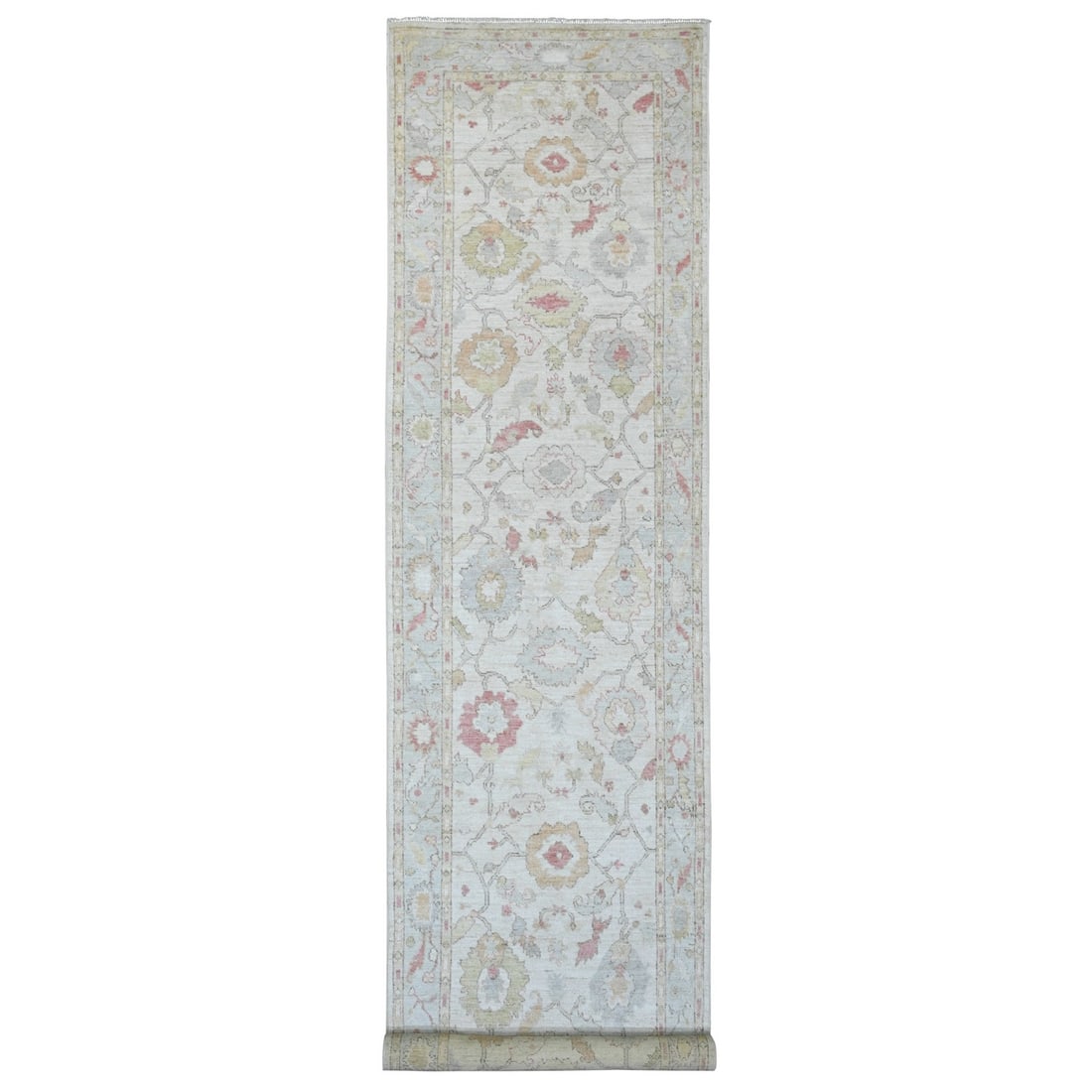 4'x19'2" White Hand Knotted Angora Oushak Leaf Design All Wool Runner Rug: 4'x19'2" White Hand Knotted Angora Oushak Leaf Design All Wool Runner Rug This stunning 4'x19'2" White Hand Knotted Angora Oushak Leaf Design All Wool Runner Rug boasts an intricate leaf design woven 