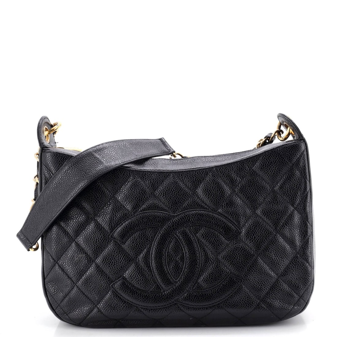 Timeless medium quilted caviar chain bag from Chanel: Timeless medium quilted caviar chain bag from Chanel Timeless medium quilted caviar chain bag from Chanel features black leather exterior with gold hardware and quilted design, showcasing classic hobo