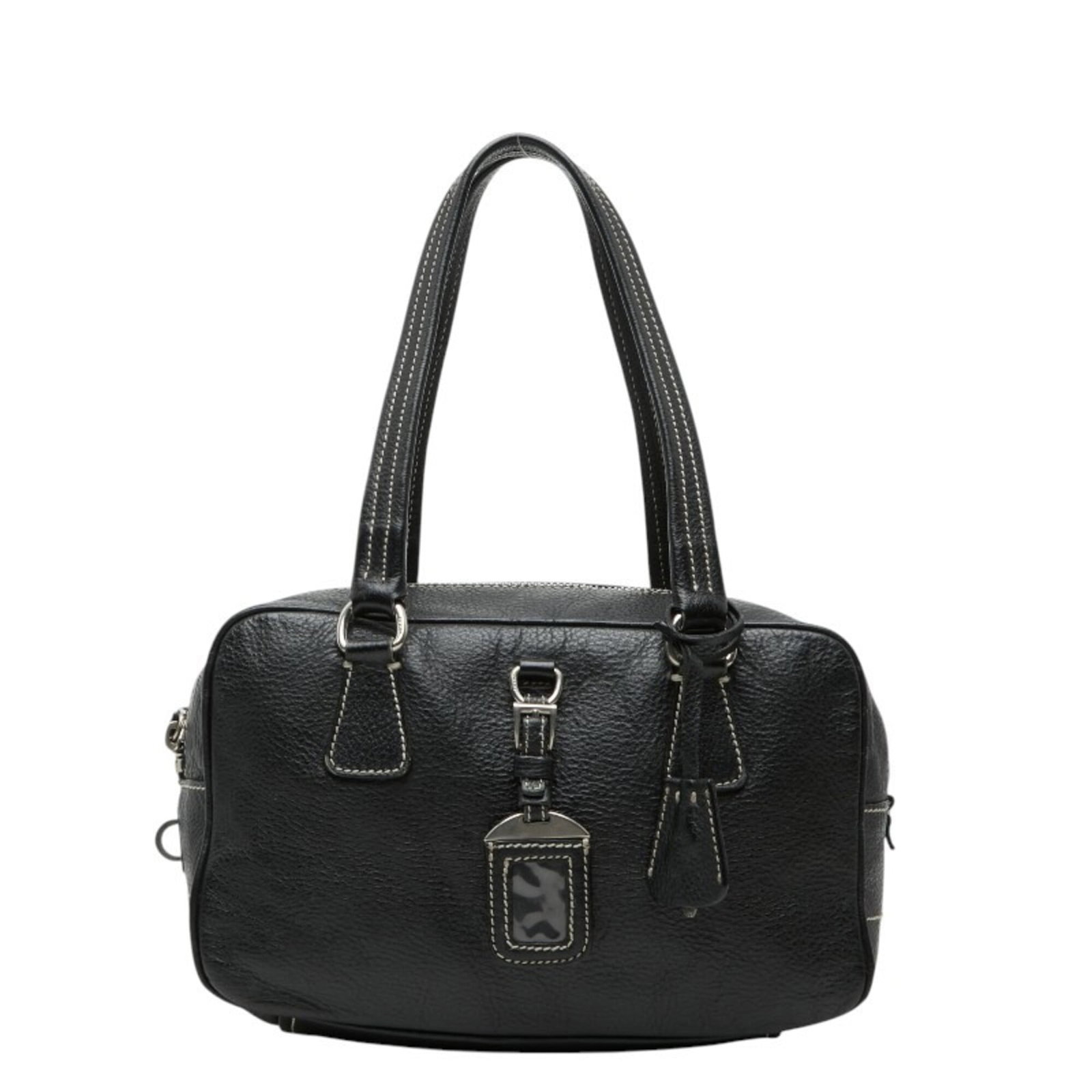 Prada Boston Bag Handbag Leather: Prada Boston Bag Handbag Leather The Prada Boston Bag Handbag Leather is a sleek and sophisticated black leather handbag with a zipper closure, measuring 17cm x 29cm x 10cm. Its compact size makes it 