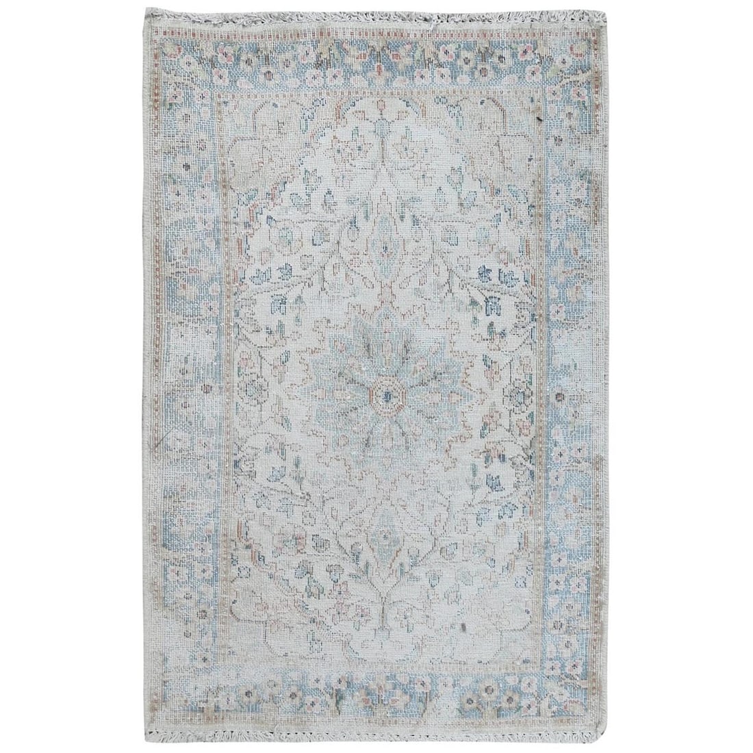 1'10"x2'10" Ivory Hand Knotted Vintage Farsian Karman Worn Wool Mat Rug: 1'10"x2'10" Ivory Hand Knotted Vintage Farsian Karman Worn Wool Mat Rug The Farsian Karman rug boasts an intricate, worn wool pile in a beautiful ivory color. Hand-knotted with exceptional skill, its 
