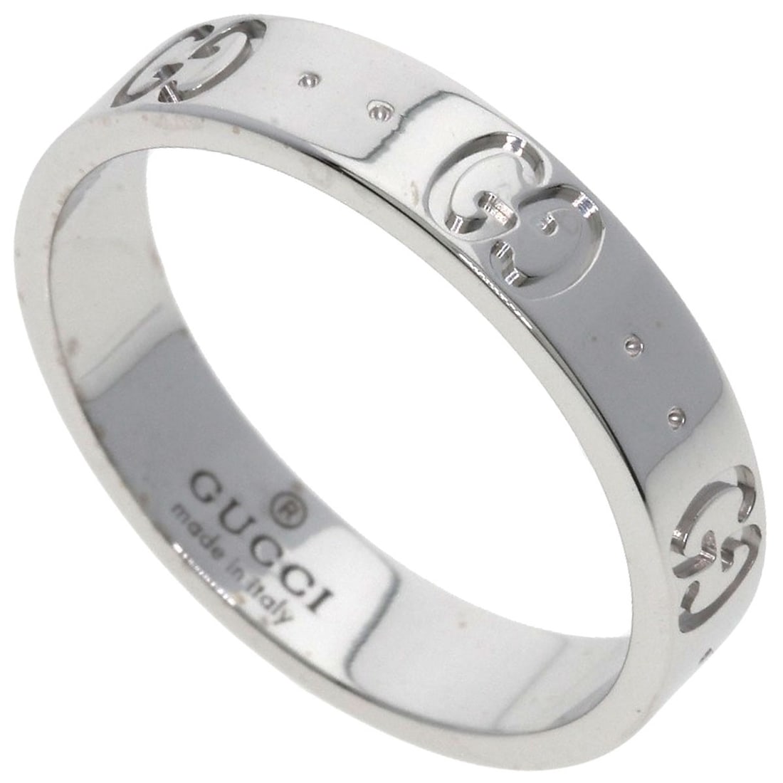 K18 White Gold Gucci Icon Ring: K18 White Gold Gucci Icon Ring K18 White Gold Gucci Icon Ring in Silver Metal, featuring K18 purity and no main stone. This ring boasts a sleek design with a silver metal exterior, measuring 7(US) in
