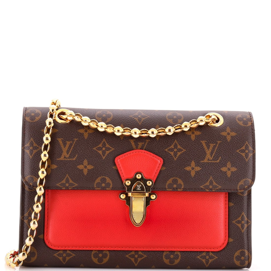 Louis Vuitton Victoire Handbag Monogram Canvas and Leather: Louis Vuitton Victoire Handbag Monogram Canvas and Leather The Louis Vuitton Victoire Handbag boasts a striking red exterior with monogram canvas and leather accents, creating a bold and eye-catching