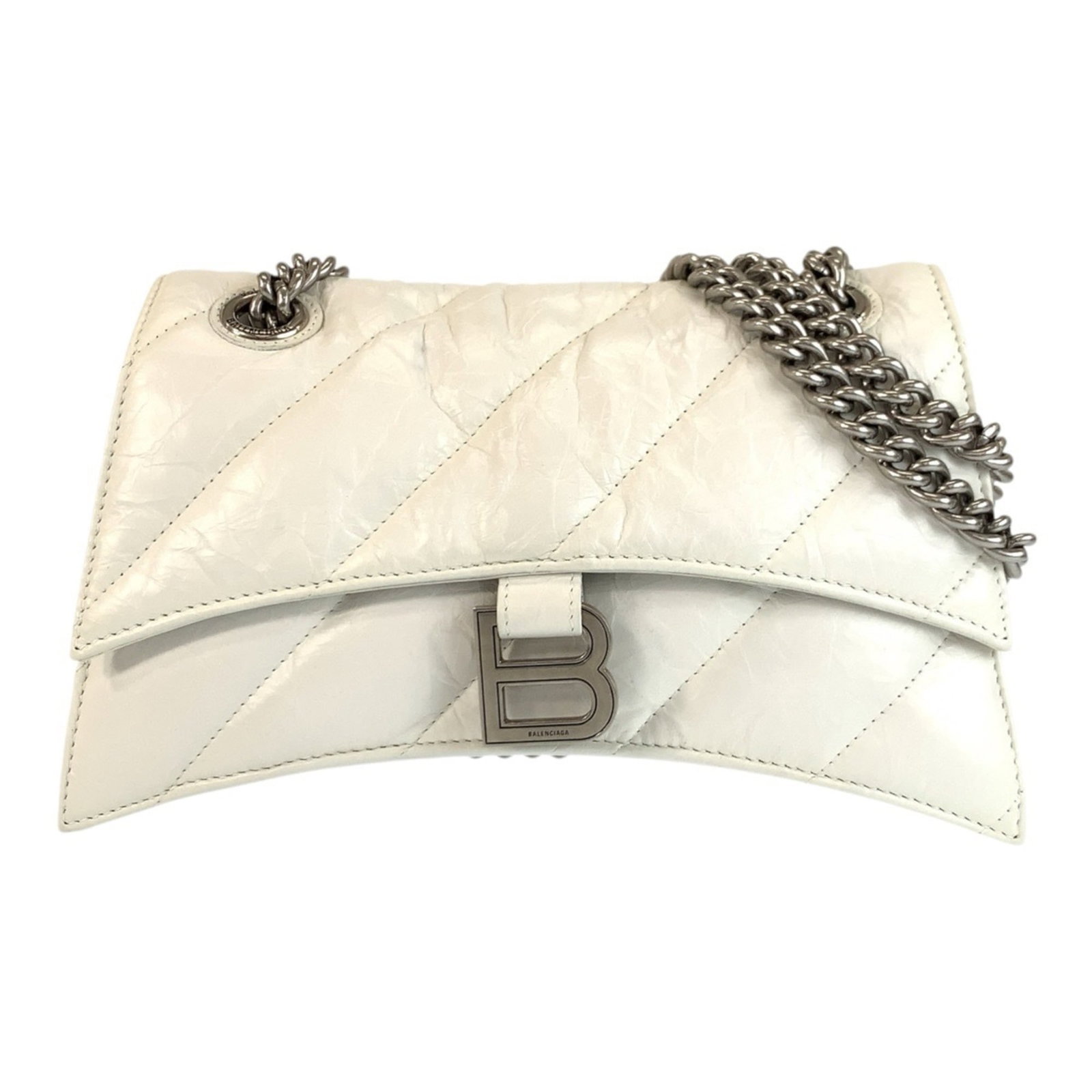 Balenciaga Shoulder Bag Leather: Balenciaga Shoulder Bag Leather White leather shoulder bag from Balenciaga, featuring silver hardware and a sleek design. This compact bag measures 15cm x 25cm x 8cm, making it perfect for everyday ca