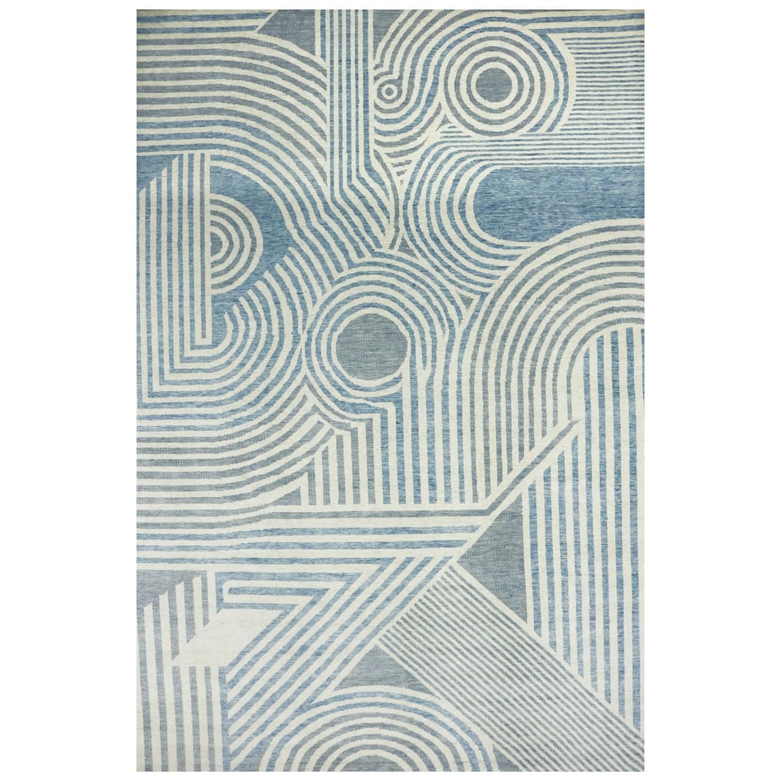 12'2"x18'4" Blue Art Deco Collection Wool Hand Knotted Oversized Rug: 12'2"x18'4" Blue Art Deco Collection Wool Hand Knotted Oversized Rug 12'2" x 18'4" Blue Art Deco Collection Wool Hand Knotted Oversized Rug - A stunning piece of hand-knotted wool art, featuring a bol