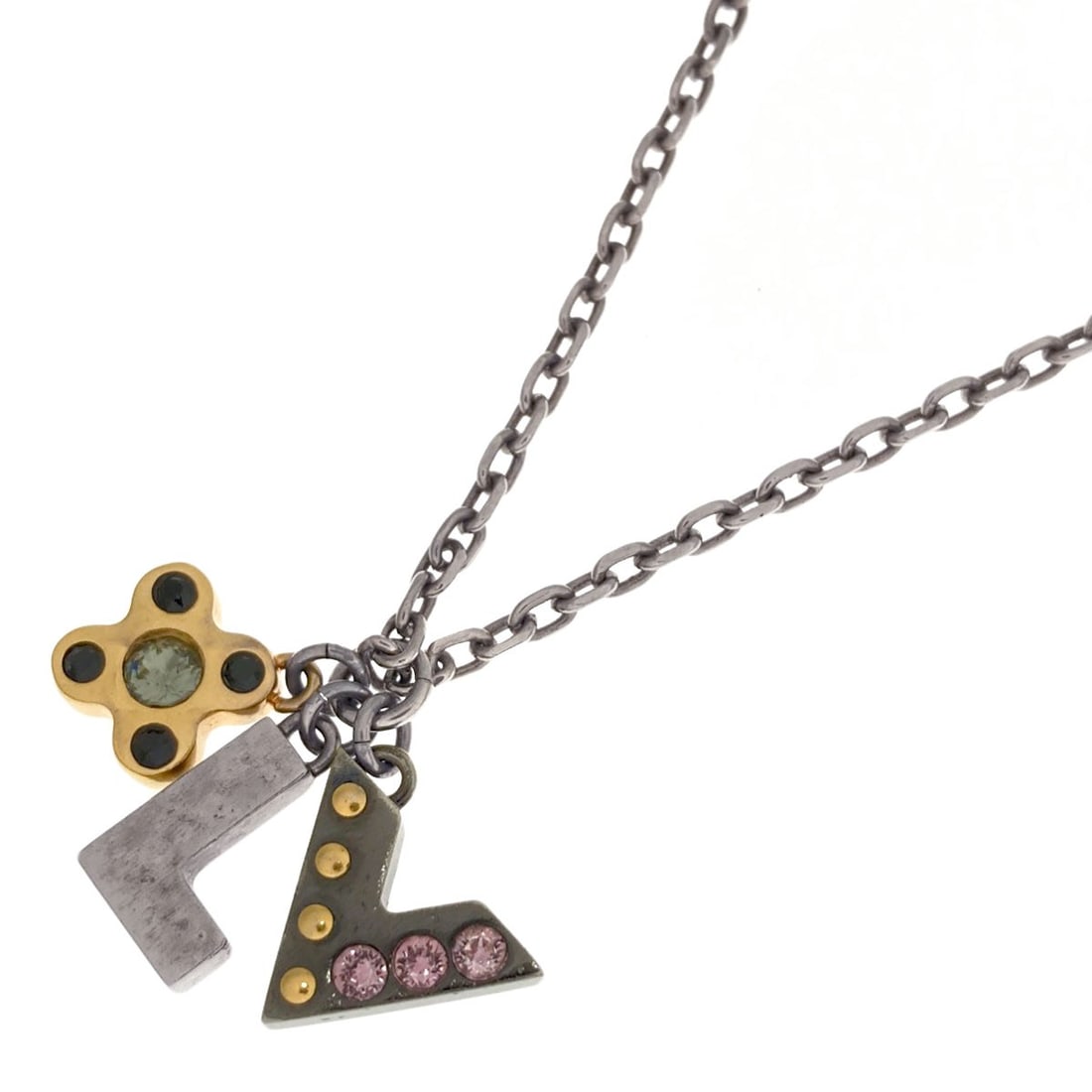 Metal love letters necklace pandantif louis vuitton: Metal love letters necklace pandantif louis vuitton Silver Metal Louis Vuitton Love Letters Necklace with a 21.6inch Length. This necklace features metal construction in silver, characteristic of the 