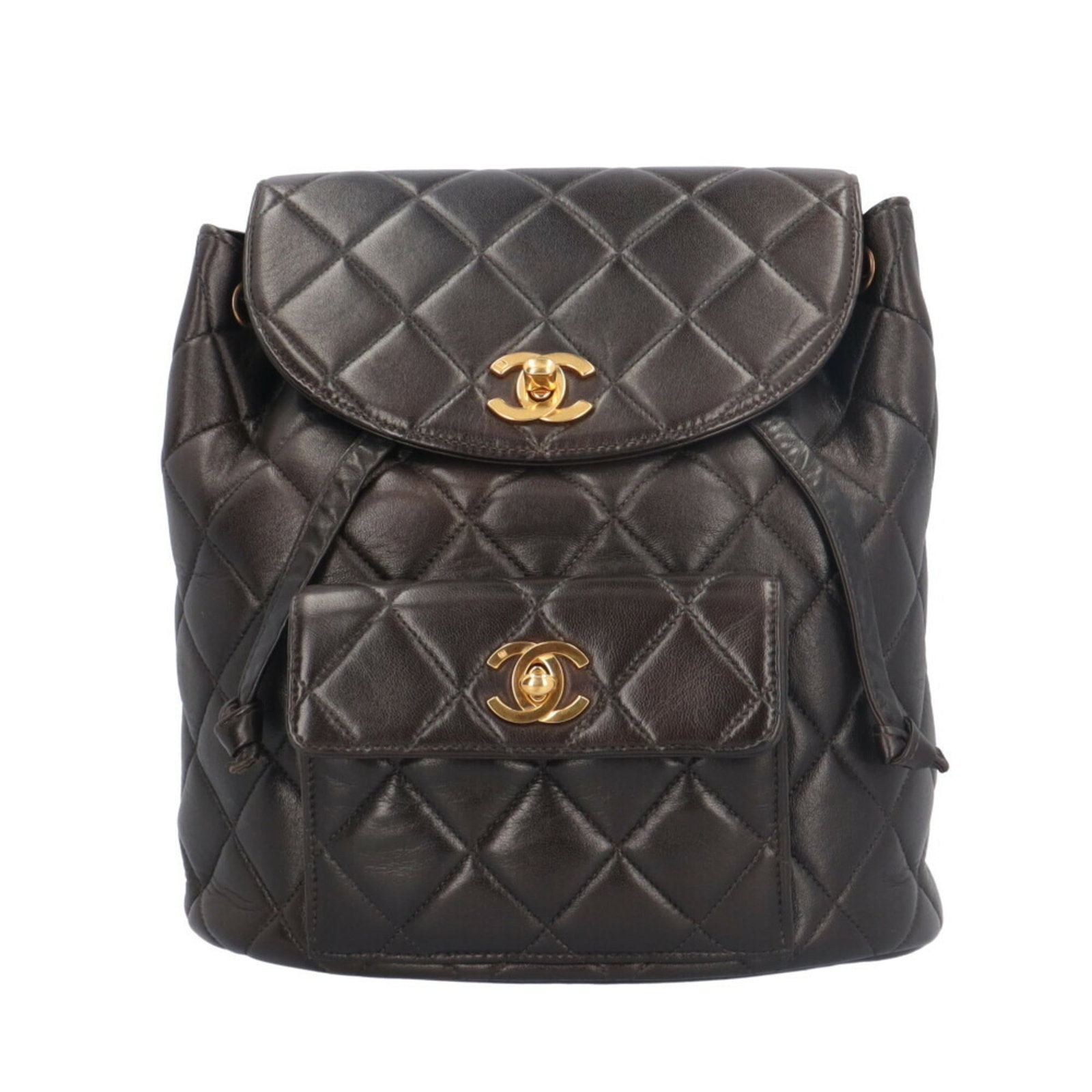 Leather Backpack by Chanel: Leather Backpack by Chanel Black lambskin leather backpack from Chanel, featuring gold hardware and a classic design. Measuring 23.5cm x 21cm x 9.5cm, it includes a guarantee card for added security.