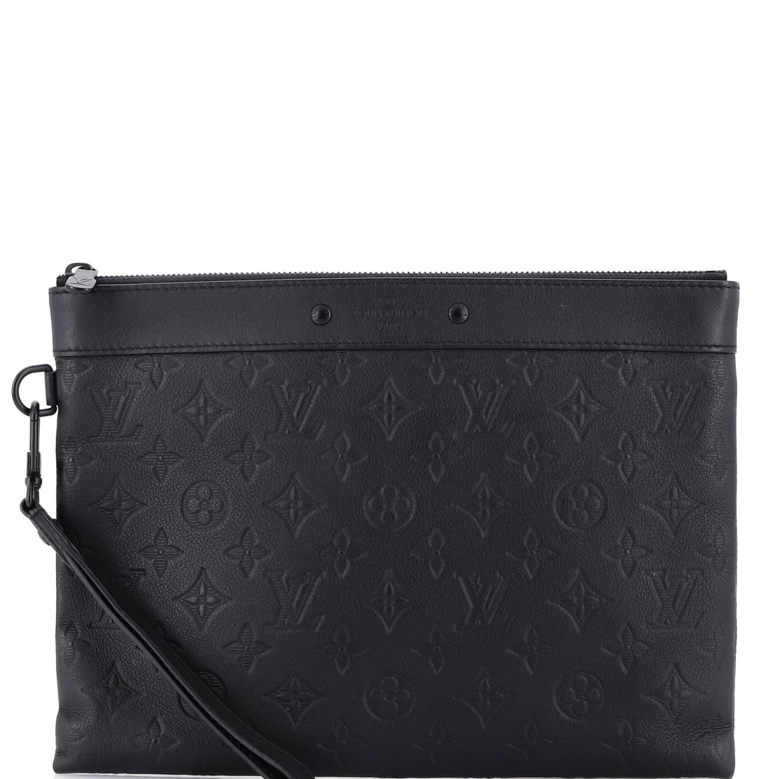 Shadow leather to go monogram louis vuitton pochette: Shadow leather to go monogram louis vuitton pochette Shadow leather to go monogram Louis Vuitton pochette in black, featuring a classic design with heavy corner wear and scuffs. The exterior measures 