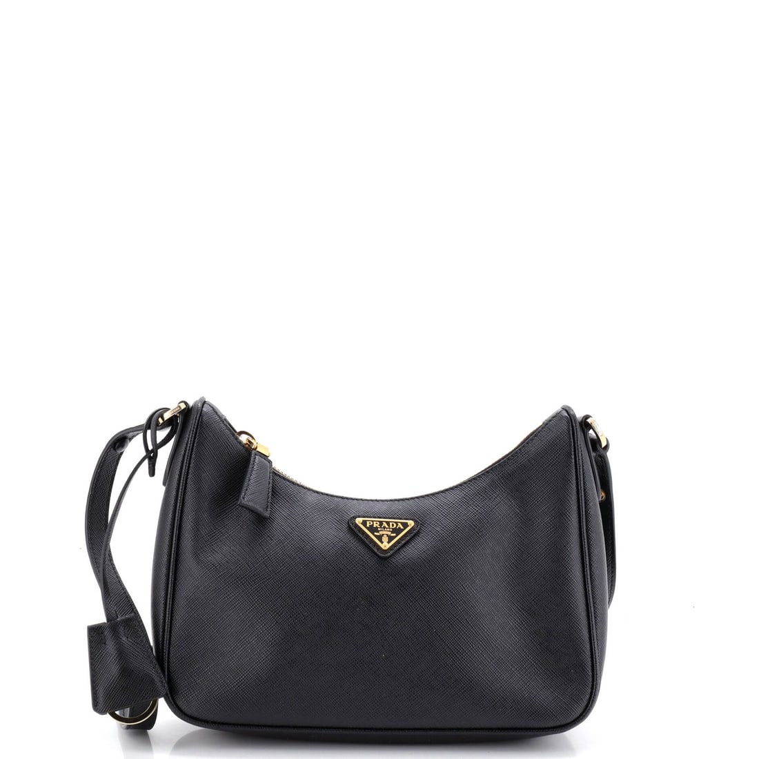 Saffiano leather mini hobo with adjustable handle and zip: Saffiano leather mini hobo with adjustable handle and zip Saffiano leather mini hobo with adjustable handle and zip, featuring a sleek black exterior and interior. The item boasts a classic design wit