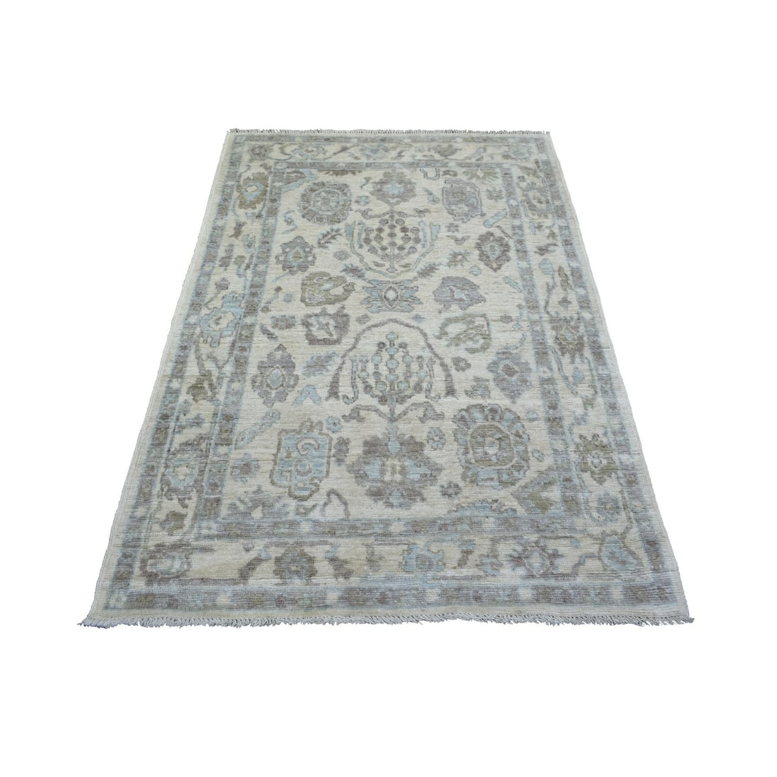 4'x5'9" Ivory Angora Oushak Colorful Leaf Design Afghan Hand Knotted Rug: 4'x5'9" Ivory Angora Oushak Colorful Leaf Design Afghan Hand Knotted Rug Ivory Angora Oushak Colorful Leaf Design Afghan Hand Knotted Wool Rug measures 4'0" x 5'9". This hand-knotted wool rug features