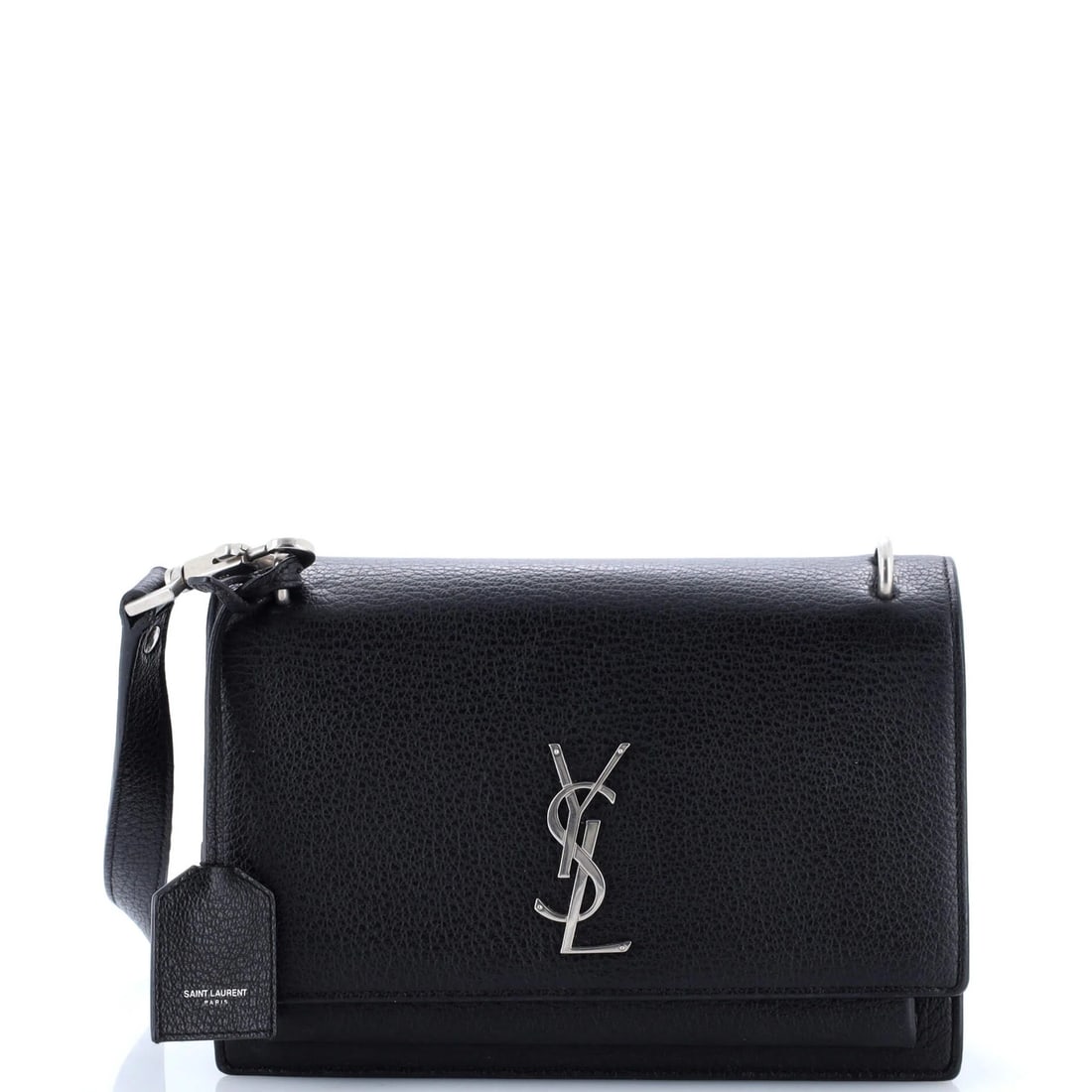 Laurent Saint Medium Leather Satchel Sunset: Laurent Saint Medium Leather Satchel Sunset Black leather cross body bag with suede interior, featuring a clochette with strap. The Sunset Satchel Medium measures 6.5" in height and 8.5" in width, wit