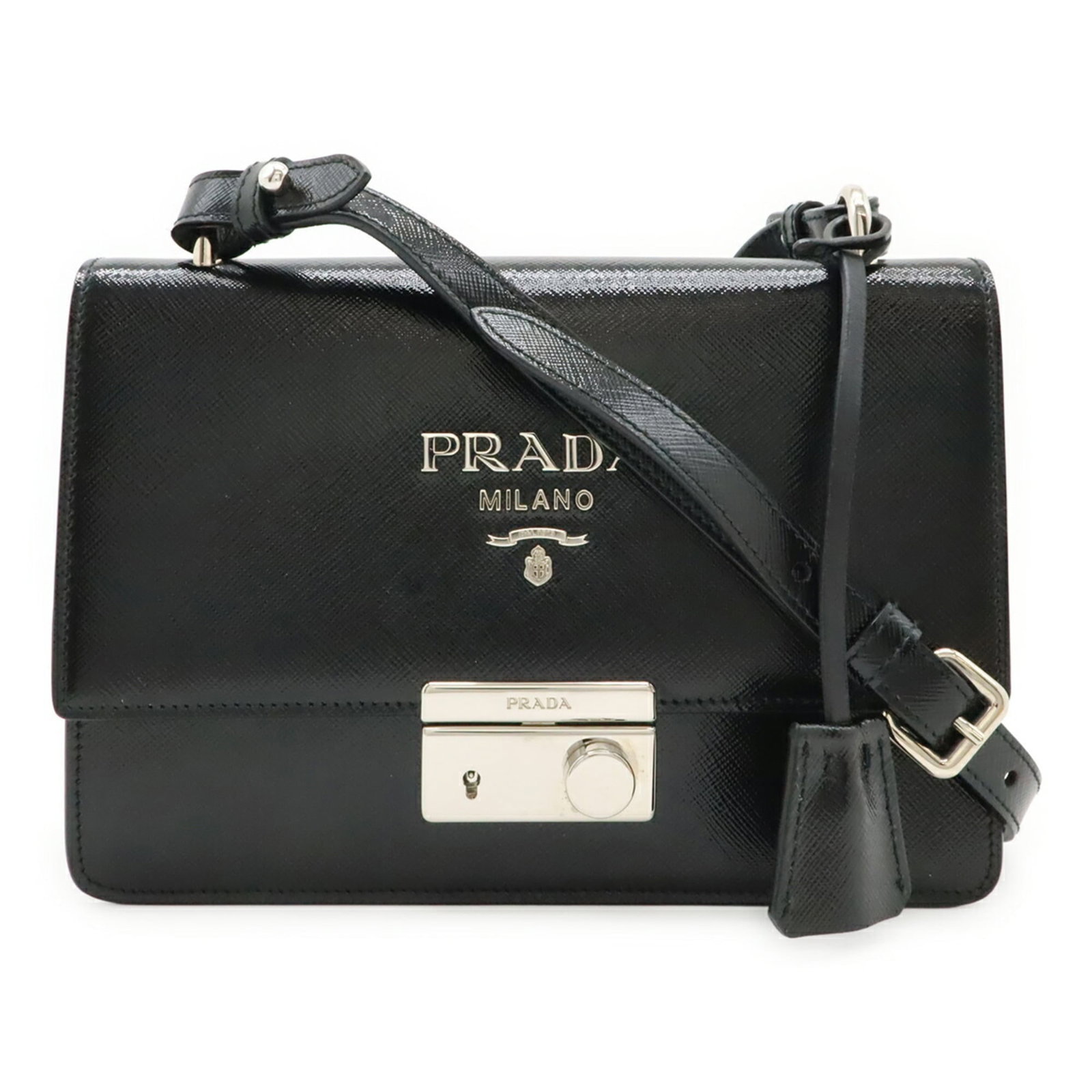 Bag Leather Prada Clutch Shoulder: Bag Leather Prada Clutch Shoulder Black Prada Leather Clutch with Nero Enamel Accents, featuring a sleek design and durable leather construction. The bag's shoulder strap measures 117cm in length, pro