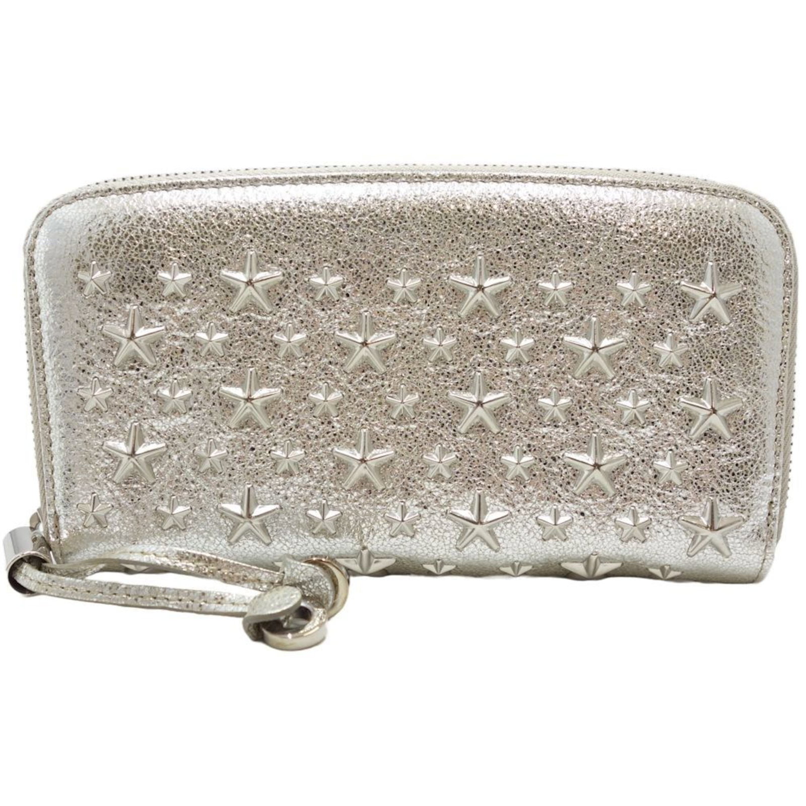 Jimmy Choo Wallet (Bi-Fold) Leather: Jimmy Choo Wallet (Bi-Fold) Leather The Jimmy Choo bi-fold wallet in metallic silver leather boasts sleek design and premium craftsmanship, making it a stylish accessory for everyday use. This high-qu