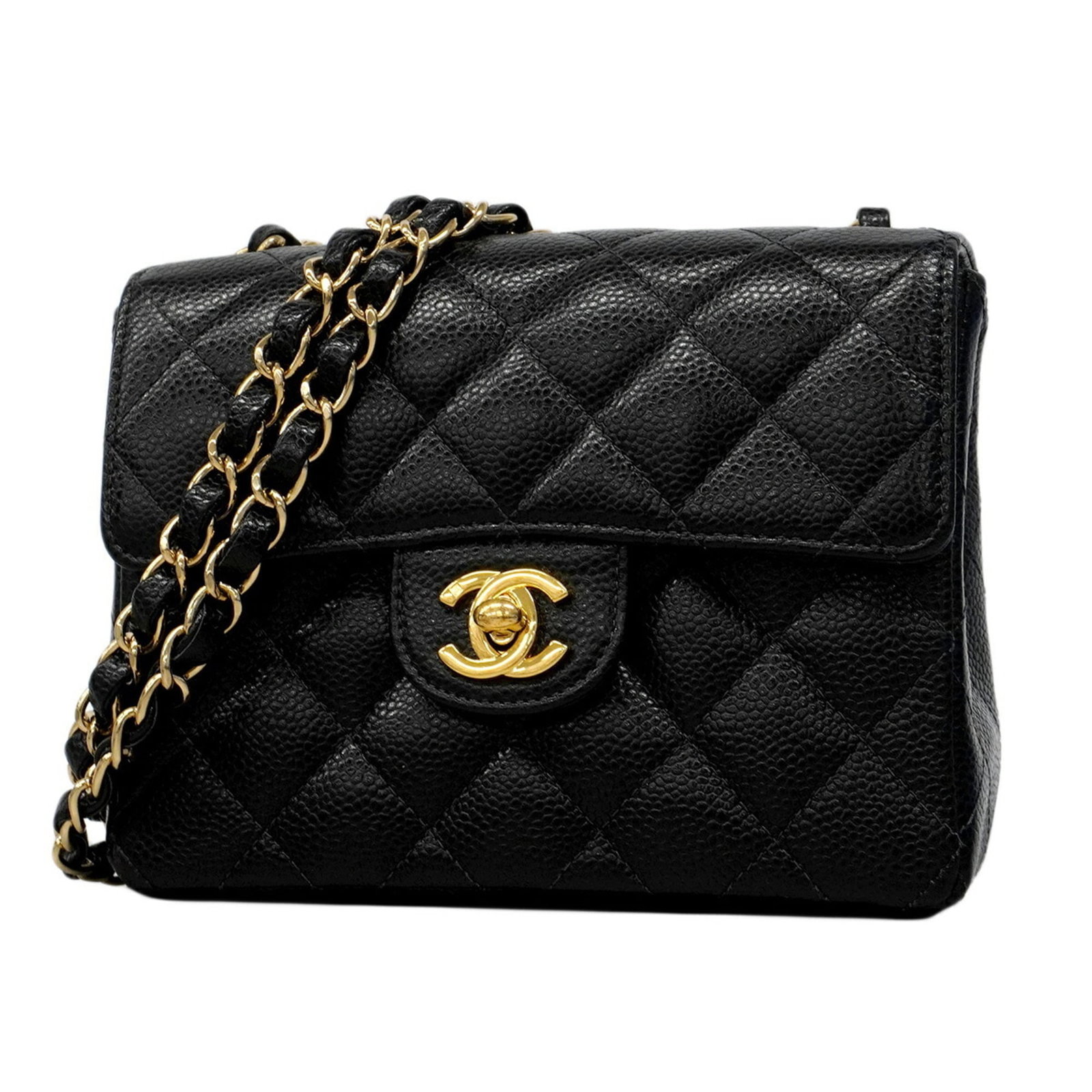 Calfskin Shoulder Bag by Chanel: Calfskin Shoulder Bag by Chanel Calfskin shoulder bag by Chanel, featuring grained calfskin material and gold hardware in a sleek black finish. Measuring 14cm x 17cm x 6cm, this compact bag is designe