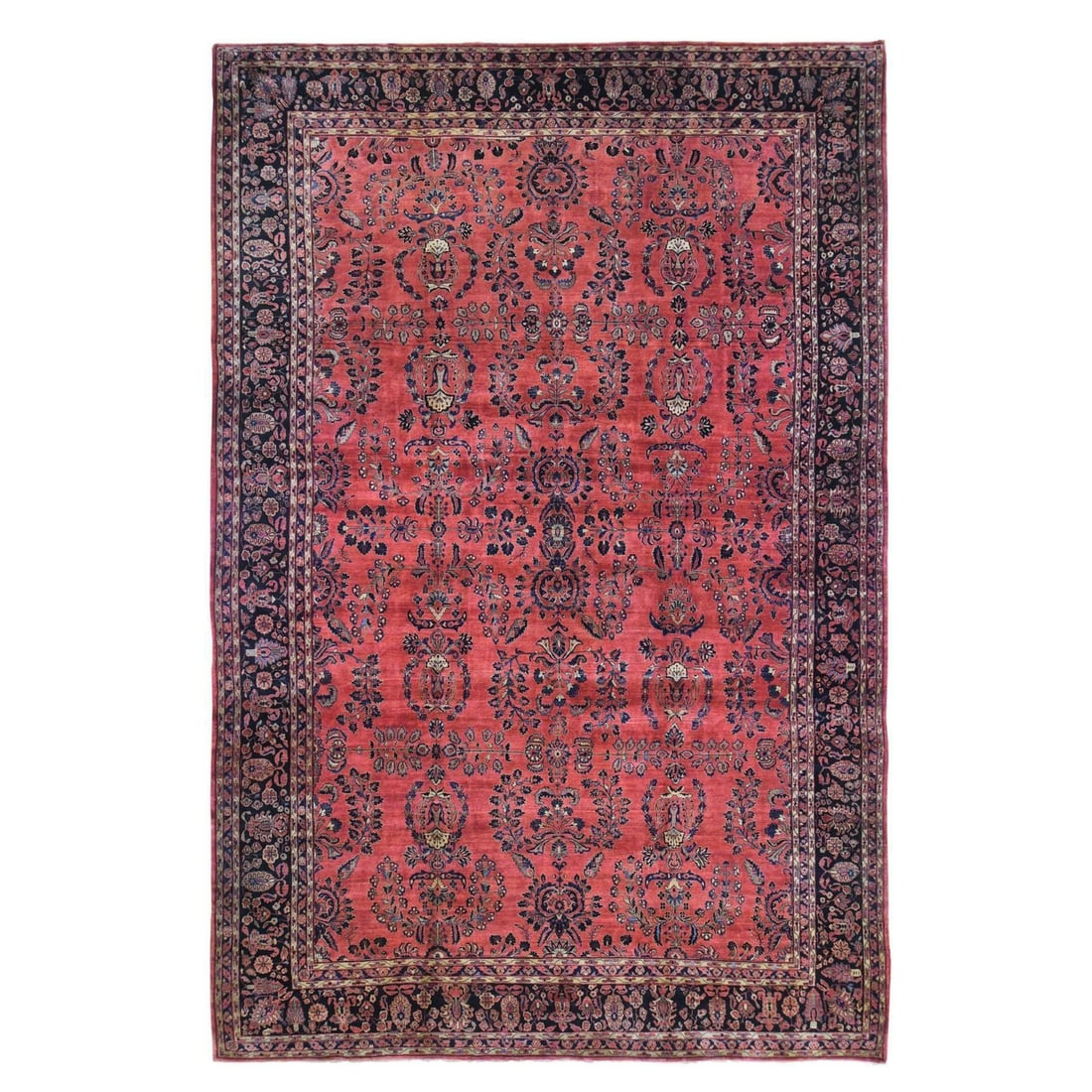 12'4"x19'3" Red Antique Farsian Moharajan Saroogh Hand Knotted Rug: 12'4"x19'3" Red Antique Farsian Moharajan Saroogh Hand Knotted Rug The Farsian Moharajan Saroogh hand-knotted rug boasts an impressive rectangular field with a rich red color, complemented by subtle n