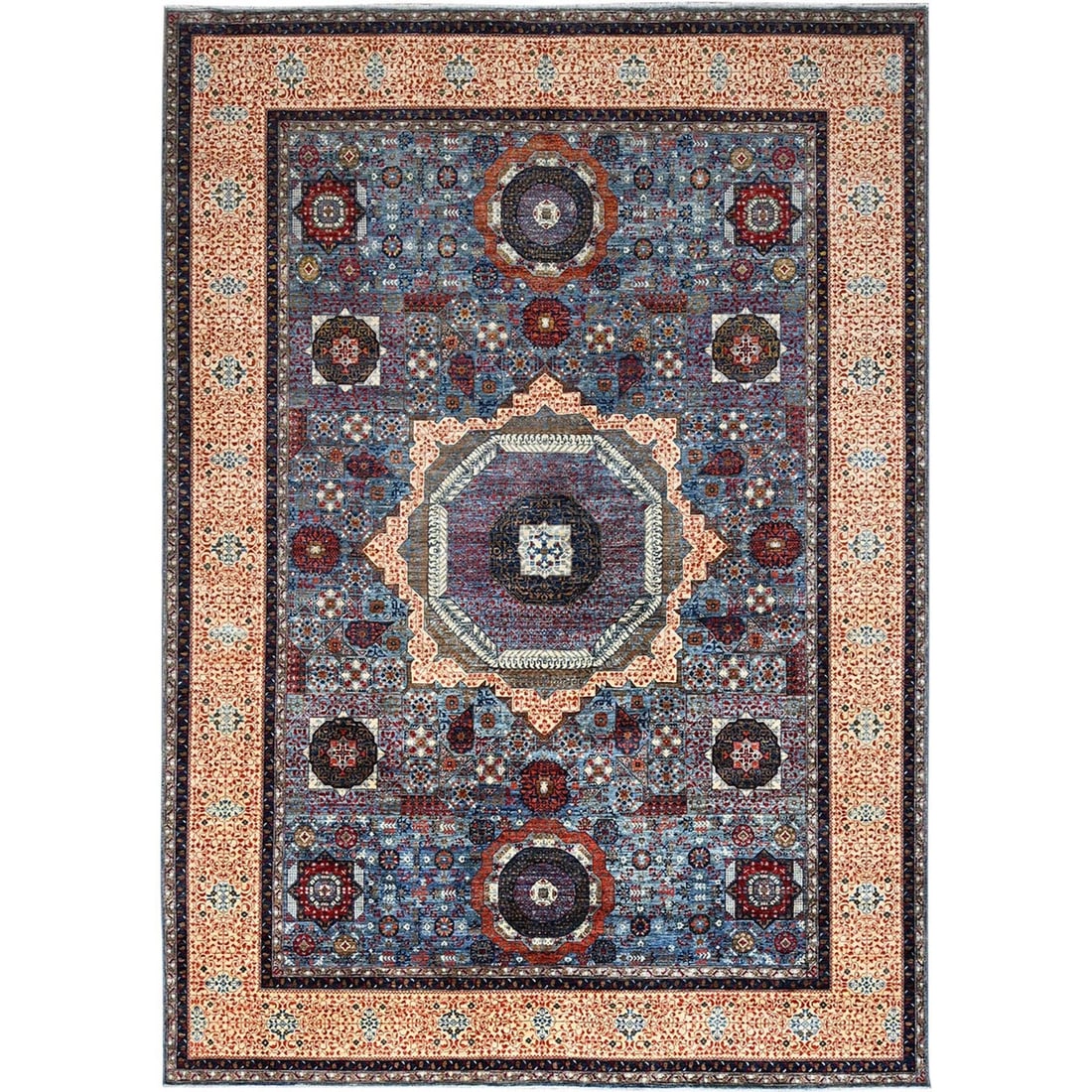 10'1"x13'5" Dodger Blue Wool Mamluk Dynasty Hand Knotted Oriental Rug: 10'1"x13'5" Dodger Blue Wool Mamluk Dynasty Hand Knotted Oriental Rug Dodger Blue Wool Mamluk Dynasty Hand Knotted Oriental Rug boasts a stunning rectangular field with intricate blue and red-brown pa