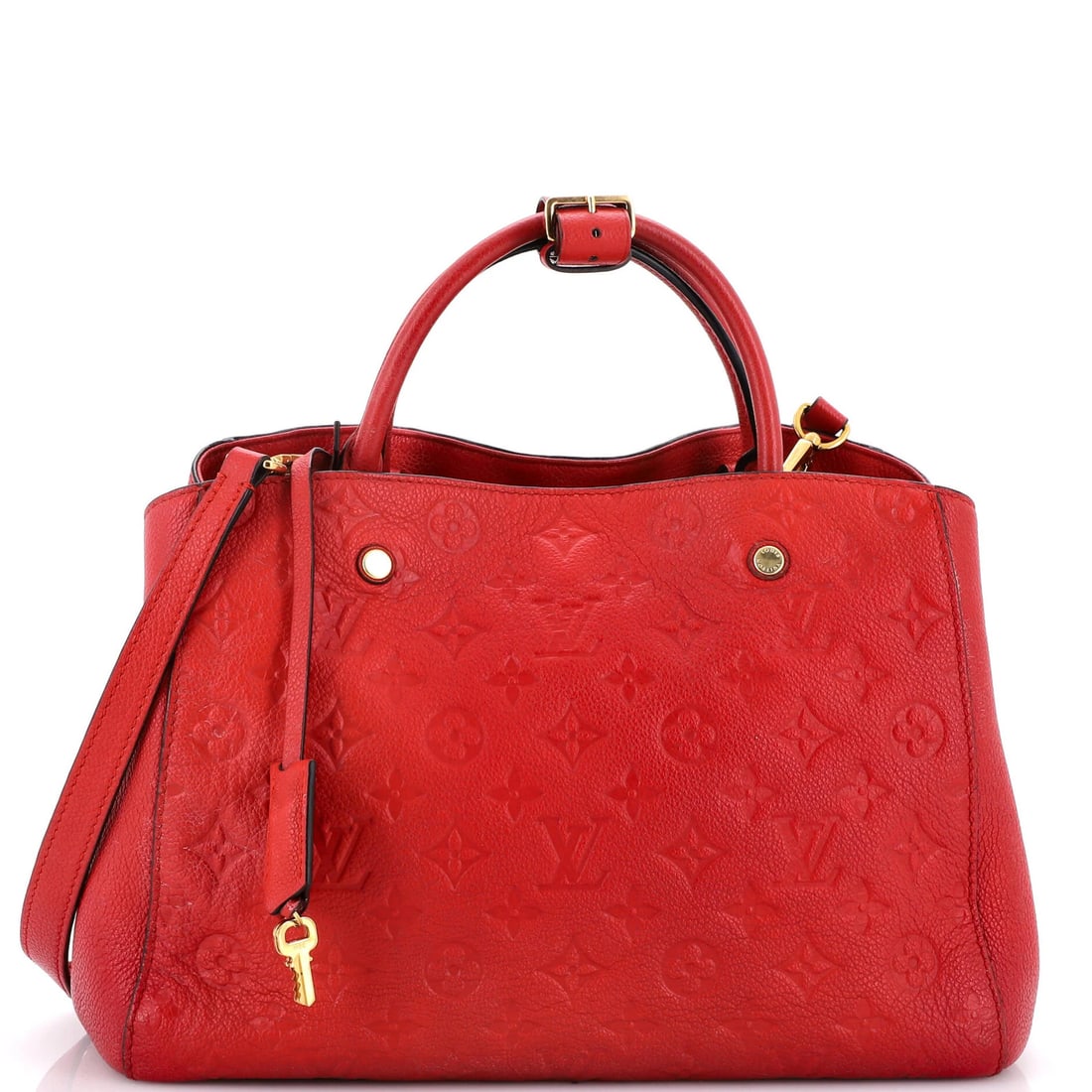 Montaigne Handbag MM Leather Empreinte Louis Vuitton: Montaigne Handbag MM Leather Empreinte Louis Vuitton Red Montaigne Handbag MM Leather Empreinte Louis Vuitton features a classic top handle design with a 4.5" drop, measuring 10.5" tall, 13" wide, and