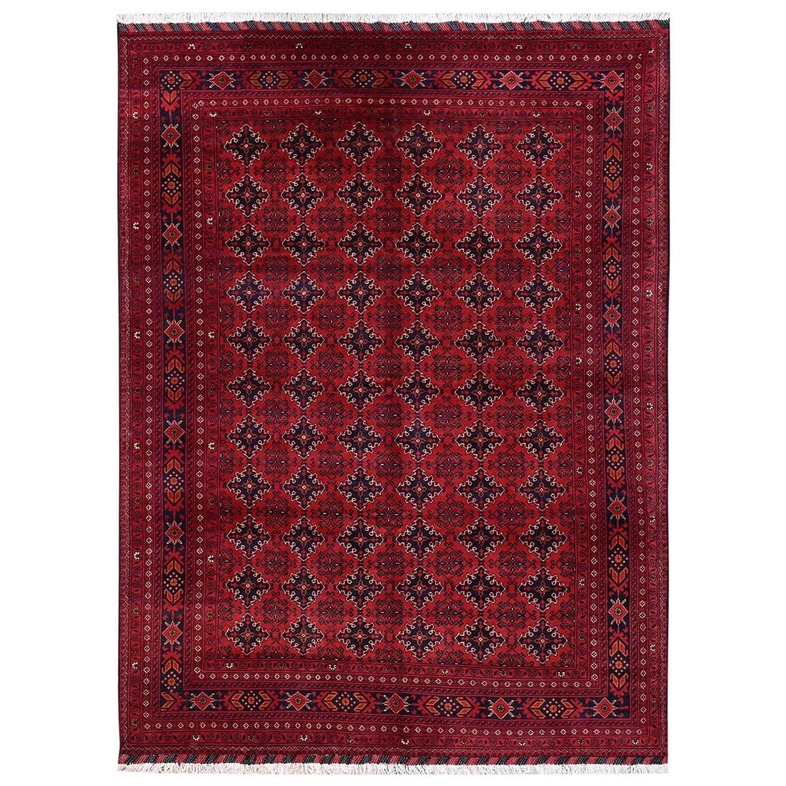 8'2"x11' Red Hand Knotted Afghan Andkhoy with Geometric Motif Soft Wool Rug: 8'2"x11' Red Hand Knotted Afghan Andkhoy with Geometric Motif Soft Wool Rug Soft and vibrant, this stunning Red Andkhoy hand-knotted Afghan rug boasts an all-over geometric motif in rich red hues. Mad