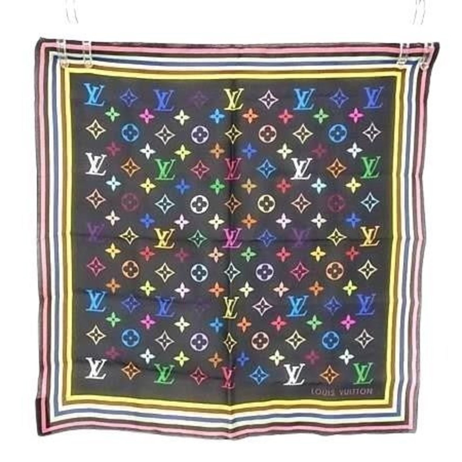 Silk handkerchief by Louis Vuitton: Silk handkerchief by Louis Vuitton Silk handkerchief by Louis Vuitton, crafted from high-quality silk with a classic black and multi-color design. Measuring 45cm x 45cm, this elegant accessory boasts 