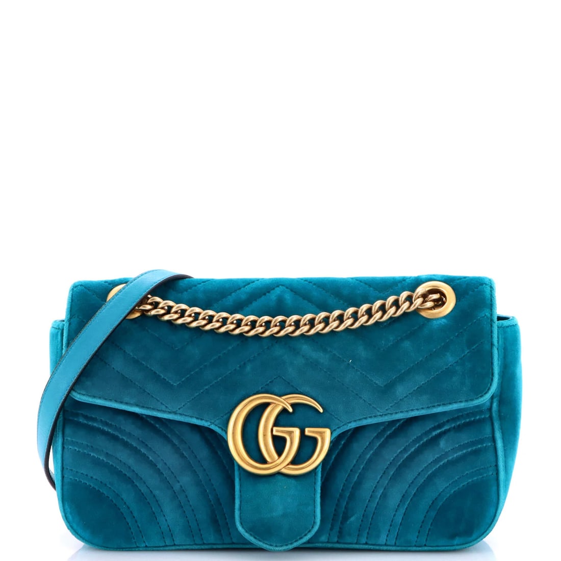 Gucci GG Small Flap Matelasse Marmont Velvet Bag: Gucci GG Small Flap Matelasse Marmont Velvet Bag Small, stylish Gucci GG Marmont Flap Bag in vibrant blue velvet exterior. This luxurious shoulder bag features satin pink interior and gold hardware, w