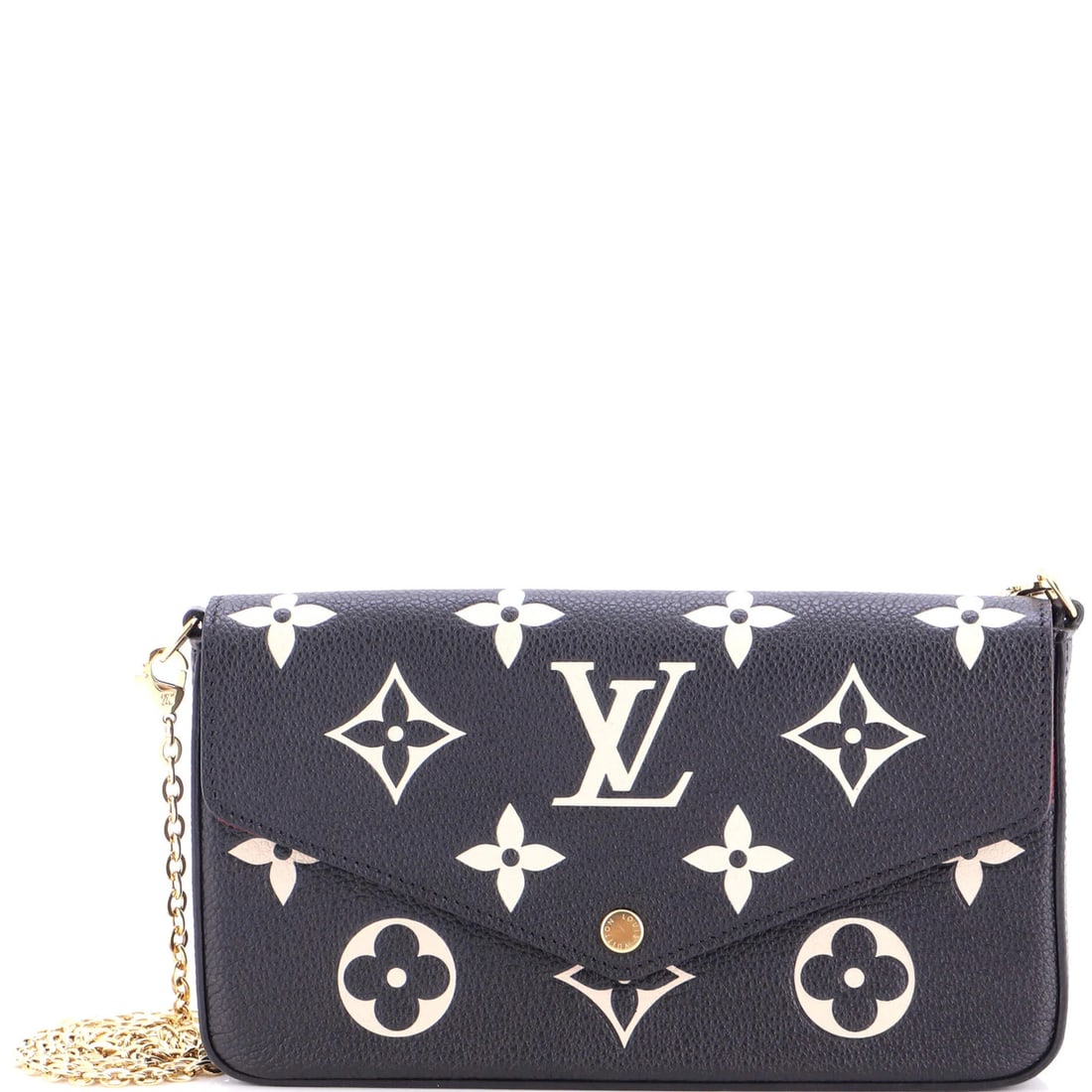 Felicie Giant Monogram Empreinte Pochette Louis Vuitton Bicolor: Felicie Giant Monogram Empreinte Pochette Louis Vuitton Bicolor The Felicie Giant Monogram Empreinte Pochette Louis Vuitton Bicolor features a striking black exterior with the iconic monogram pattern,