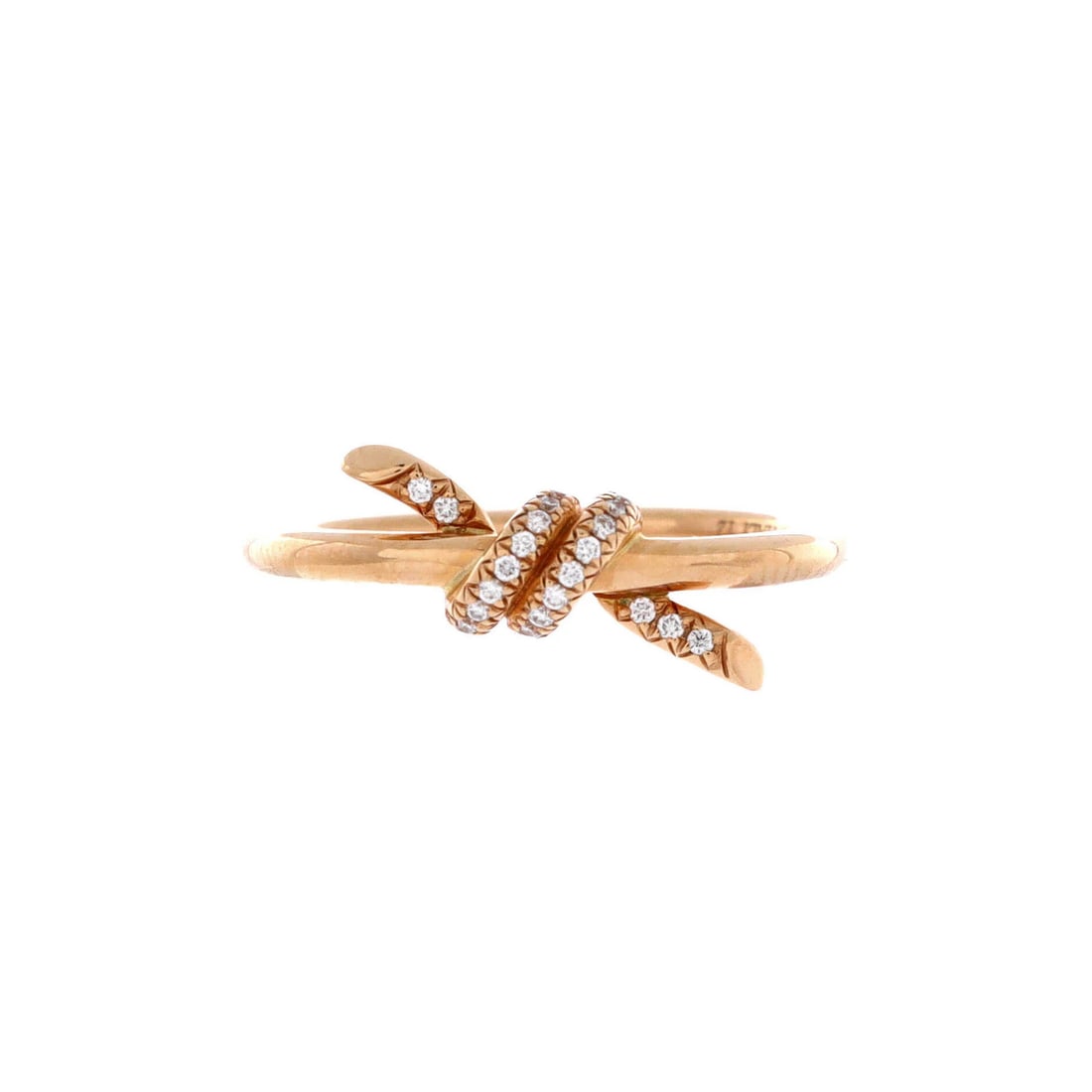 Tiffany & Co. Knot Ring 18K Rose Gold with Diamonds: Tiffany & Co. Knot Ring 18K Rose Gold with Diamonds 18K Rose Gold with Diamonds. This Tiffany & Co. Knot Ring showcases a beautiful diamond set in an 18K rose gold band, measuring 5 and featuring diam