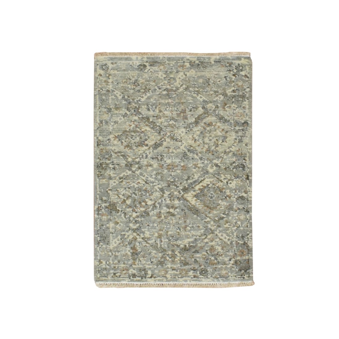 2'x3' Gray Pure Wool Broken Garden Design Hand Knotted Antique Finish Sample: 2'x3' Gray Pure Wool Broken Garden Design Hand Knotted Antique Finish Sample Gray Pure Wool Broken Garden Design Hand Knotted Antique Finish Sample measures 35" x 23" and features an all-over regional