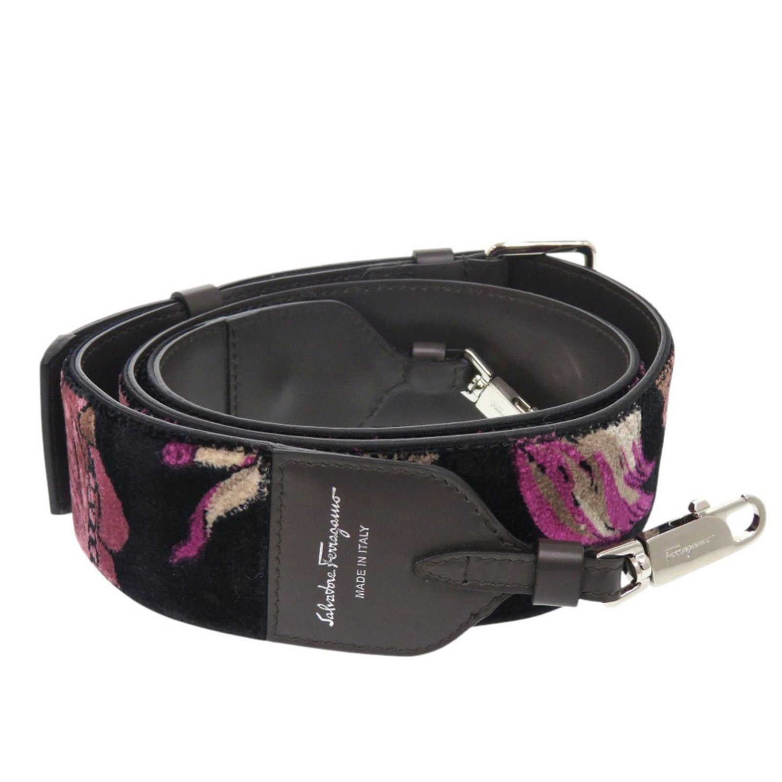 Strap leather by Salvatore Ferragamo: Strap leather by Salvatore Ferragamo Strap leather by Salvatore Ferragamo, crafted from luxurious velour leather in black, purple, and silver hues. Measuring 113cm to 125cm in length, this strap featu