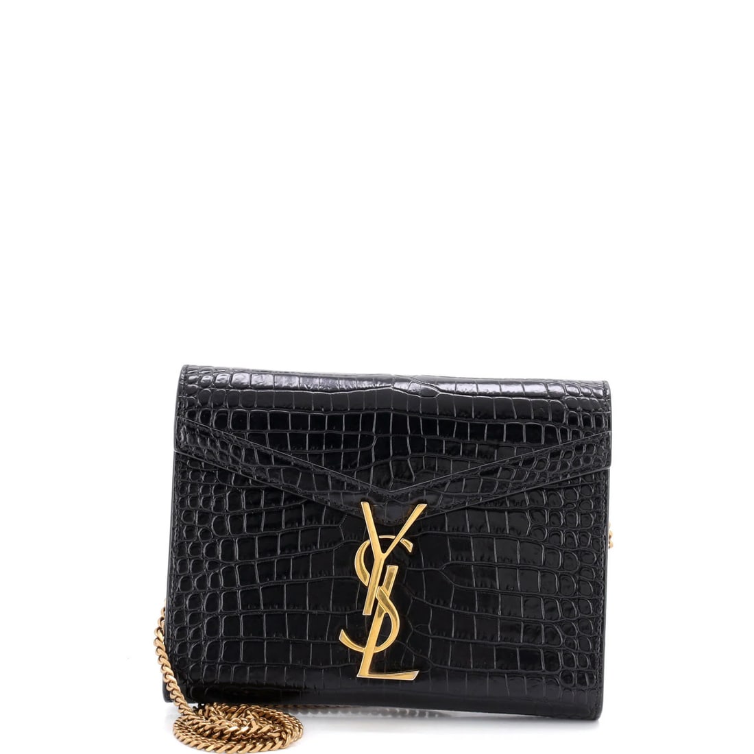 Saint Laurent Cassandra Chain Shoulder Bag Crocodile Embossed Leather Small: Saint Laurent Cassandra Chain Shoulder Bag Crocodile Embossed Leather Small Black crocodile embossed leather Saint Laurent Cassandra Chain Shoulder Bag in good condition, featuring heavy creases throu