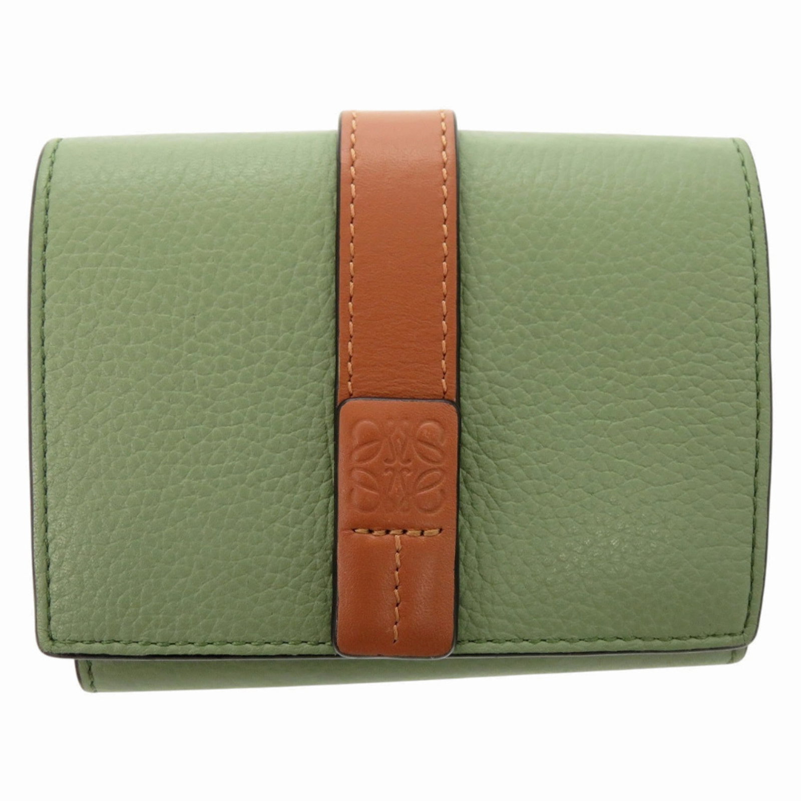 Loewe Wallet (Tri-Fold) Leather: Loewe Wallet (Tri-Fold) Leather The Loewe Wallet (Tri-Fold) Leather features a classic design with a tri-fold layout, crafted from high-quality calfskin leather in a rich brown and green color combina