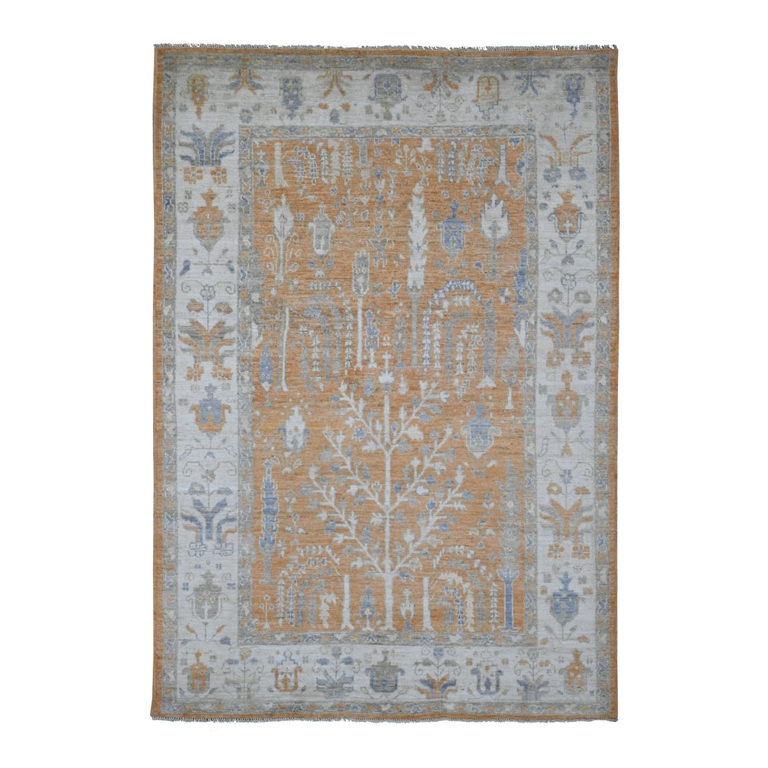 Brown Afghan Angora Oushak Tree Design Hand Knotted 100% Wool Rug: Brown Afghan Angora Oushak Tree Design Hand Knotted 100% Wool Rug Brown Afghan Angora Oushak Tree Design Hand Knotted 100% Wool Rug - This stunning, hand-knotted rug boasts a rich brown color and intr