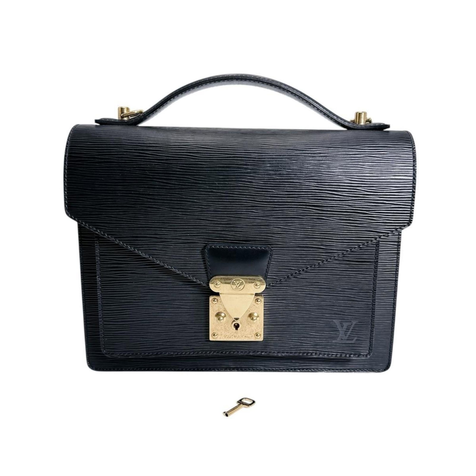Epi Leather Handbag Louis Vuitton Shoulder: Epi Leather Handbag Louis Vuitton Shoulder Epi leather handbag with classic shoulder design, featuring black color and key included. Made from high-quality Epi leather, this Louis Vuitton shoulder bag