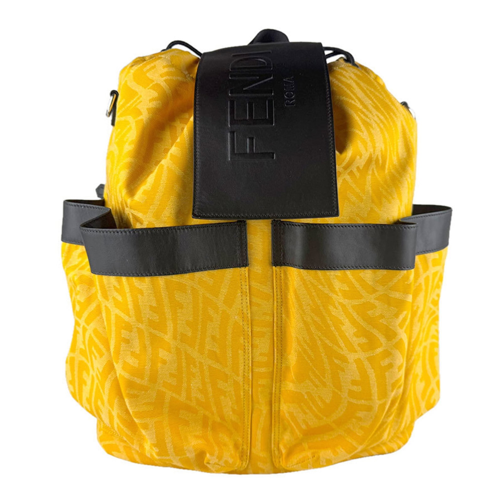 Fendi Backpack Nylon Leather: Fendi Backpack Nylon Leather Nylon and leather blend in sleek, modern design. This Fendi backpack boasts a striking black and yellow color combination, showcasing the brand's signature style. With its