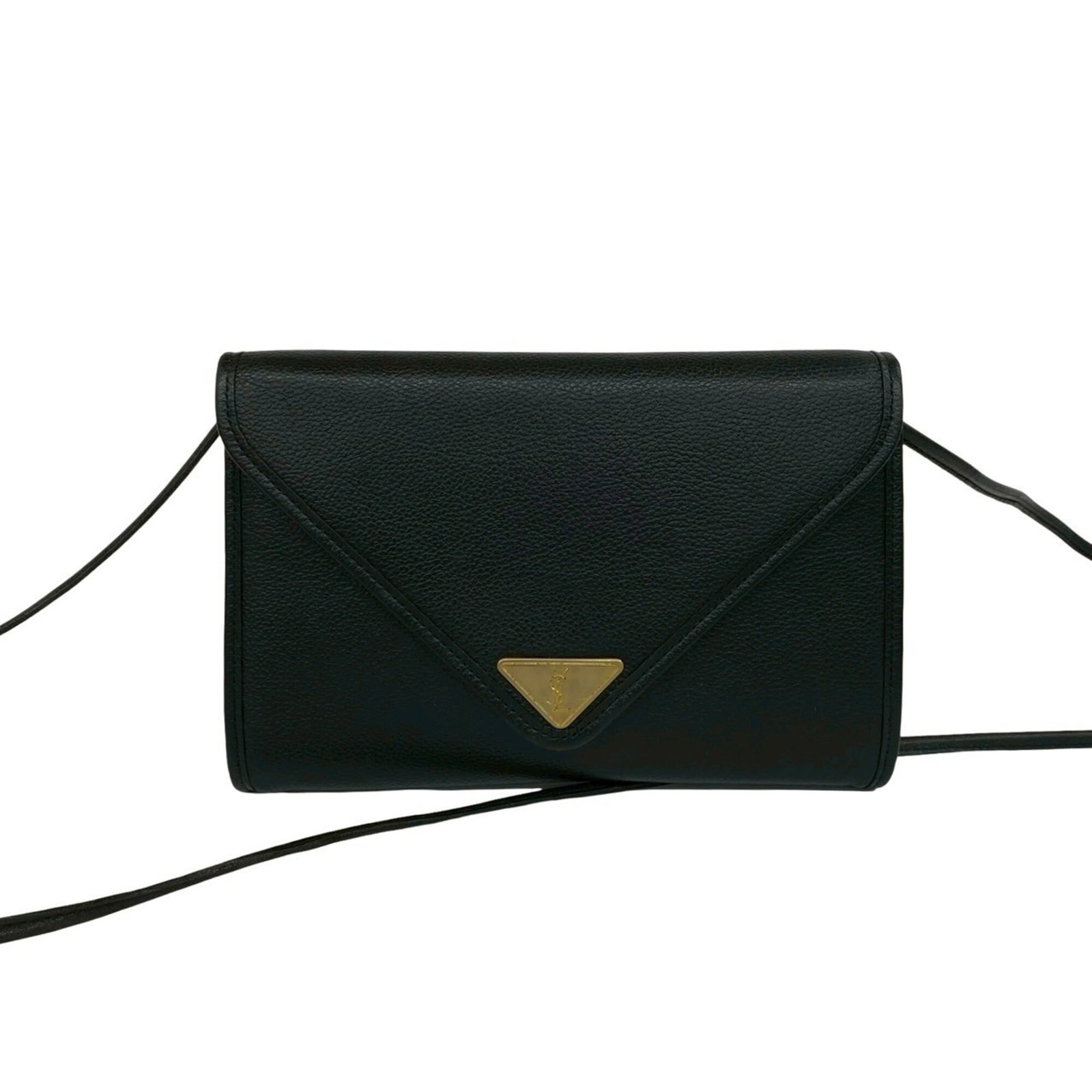Saint Laurent Yves Pochette Leather Bag Shoulder: Saint Laurent Yves Pochette Leather Bag Shoulder Black leather Yves Saint Laurent Pochette bag with clean lines and classic design. Measuring 15cm x 22cm x 2.5cm, it features a compact size perfect fo