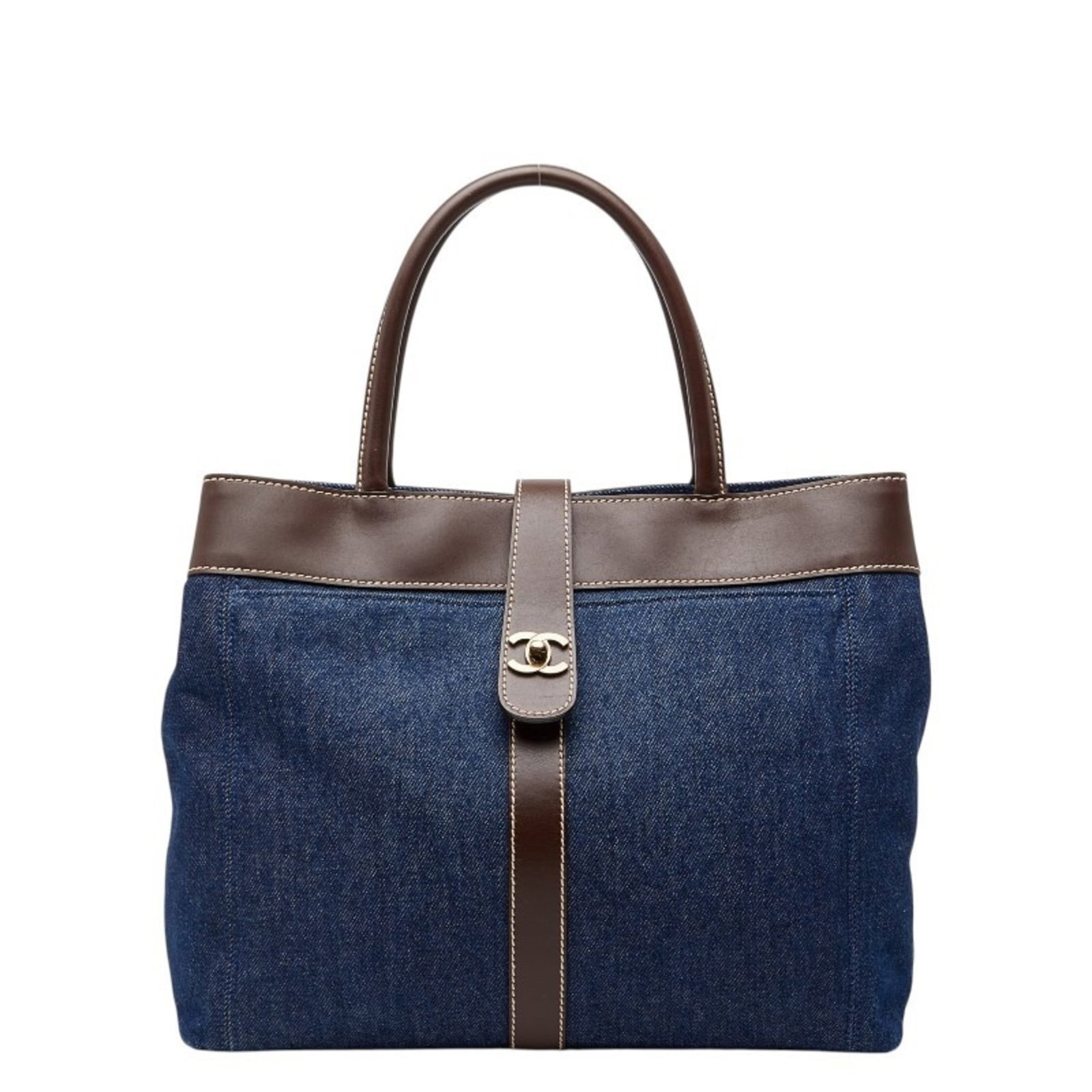 Leather Denim Tote Bag Handbag Chanel: Leather Denim Tote Bag Handbag Chanel Blue and Brown Denim Leather Chanel Tote Bag with Dust Bag. This stylish tote bag combines denim and leather in a unique blue and brown color scheme,