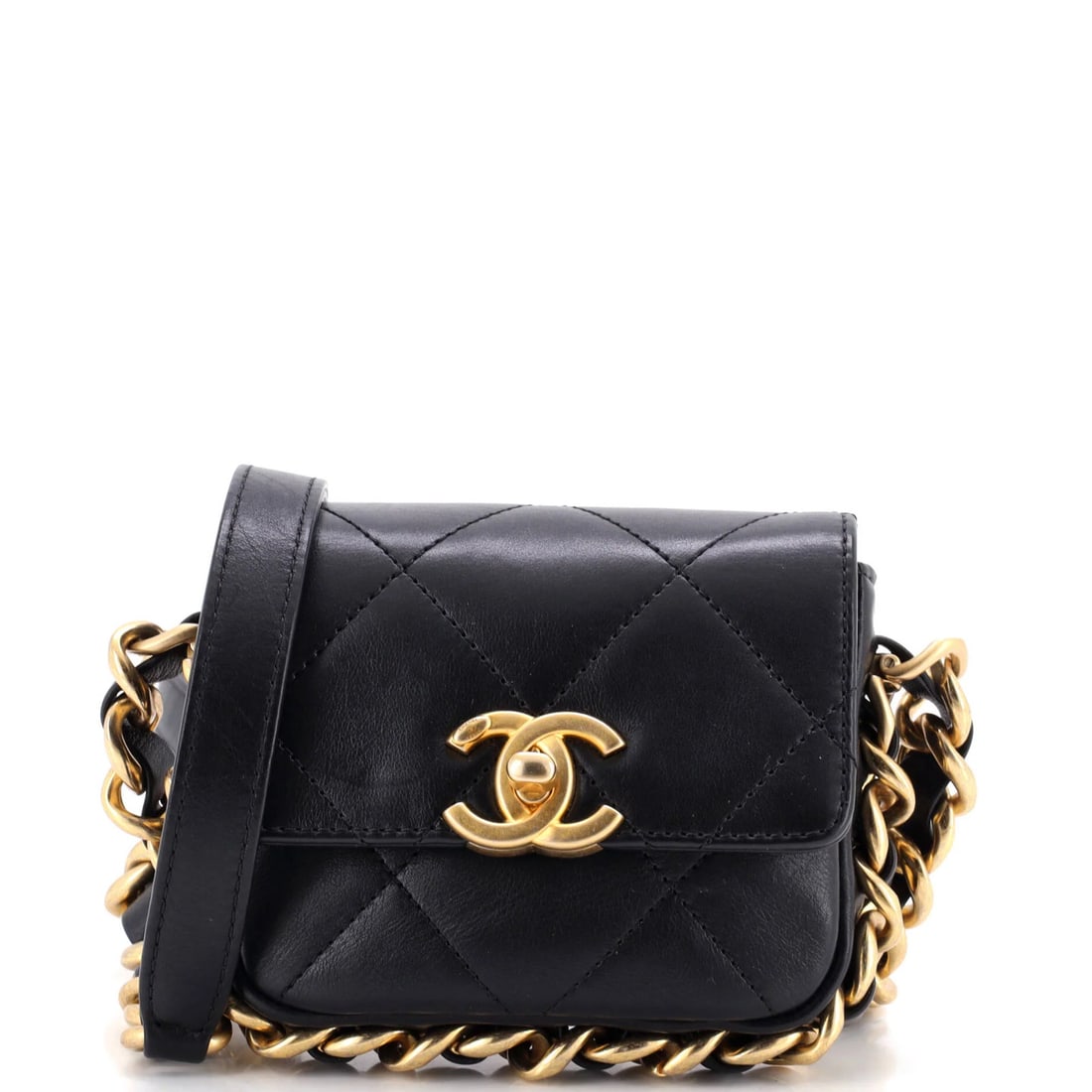 Chanel Framing Chain Flap Bag Quilted Calfskin Mini: Chanel Framing Chain Flap Bag Quilted Calfskin Mini Black quilted calfskin mini bag with chain flap, featuring gold hardware and red interior. This Chanel Framing Chain Flap Bag measures 4" x 5" x
