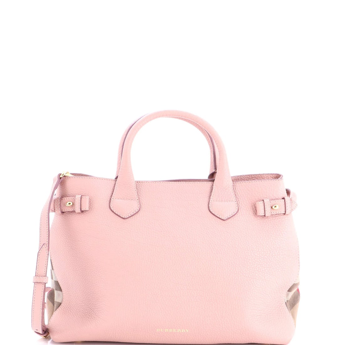 Burberry Banner Tote Leather and House Check Canvas Medium: Burberry Banner Tote Leather and House Check Canvas Medium Pink leather exterior with House Check canvas interior, gold hardware, and sturdy straps make this medium-sized Banner Tote from Burberry a