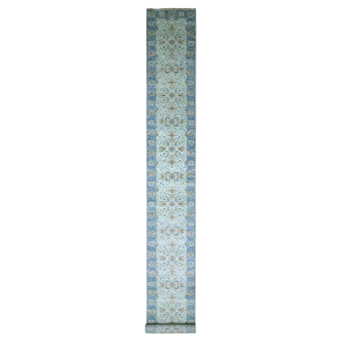 2'9"x27' Blue Shah Abbas Flower Design Pure Wool Hand Knotted Runner Rug: 2'9"x27' Blue Shah Abbas Flower Design Pure Wool Hand Knotted Runner Rug Blue Shah Abbas Flower Design Pure Wool Hand Knotted Runner Rug measures 2'9"x27', crafted from 100% wool and boasting a stunni