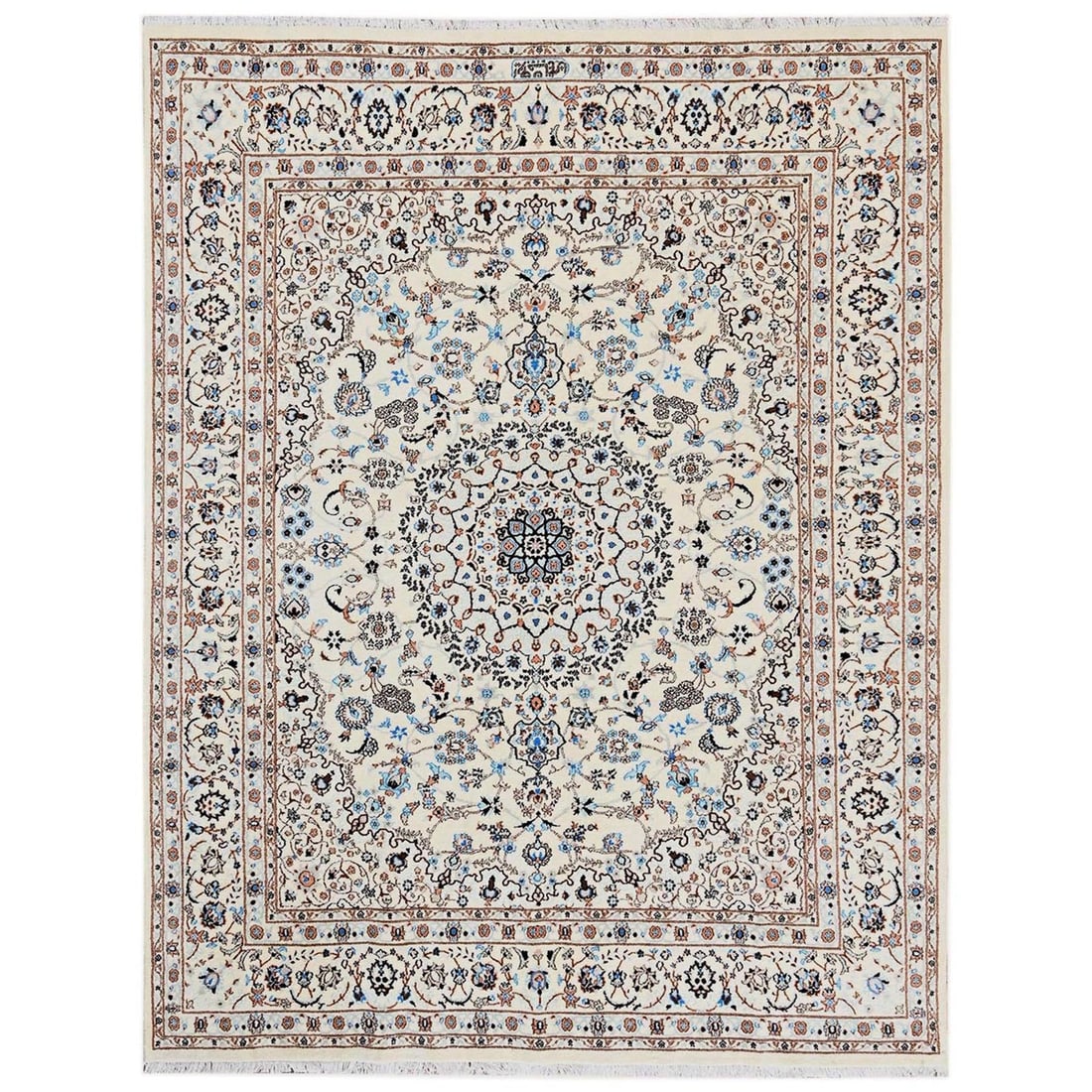 8'x10'1" Ivory Zoroastrian Nain Wool and Silk Hand Knotted 400 KPSI Rug: 8'x10'1" Ivory Zoroastrian Nain Wool and Silk Hand Knotted 400 KPSI Rug This stunning 8'x10'1" Ivory Nain Wool and Silk Hand Knotted rug boasts intricate medallion patterns, showcasing the exceptional