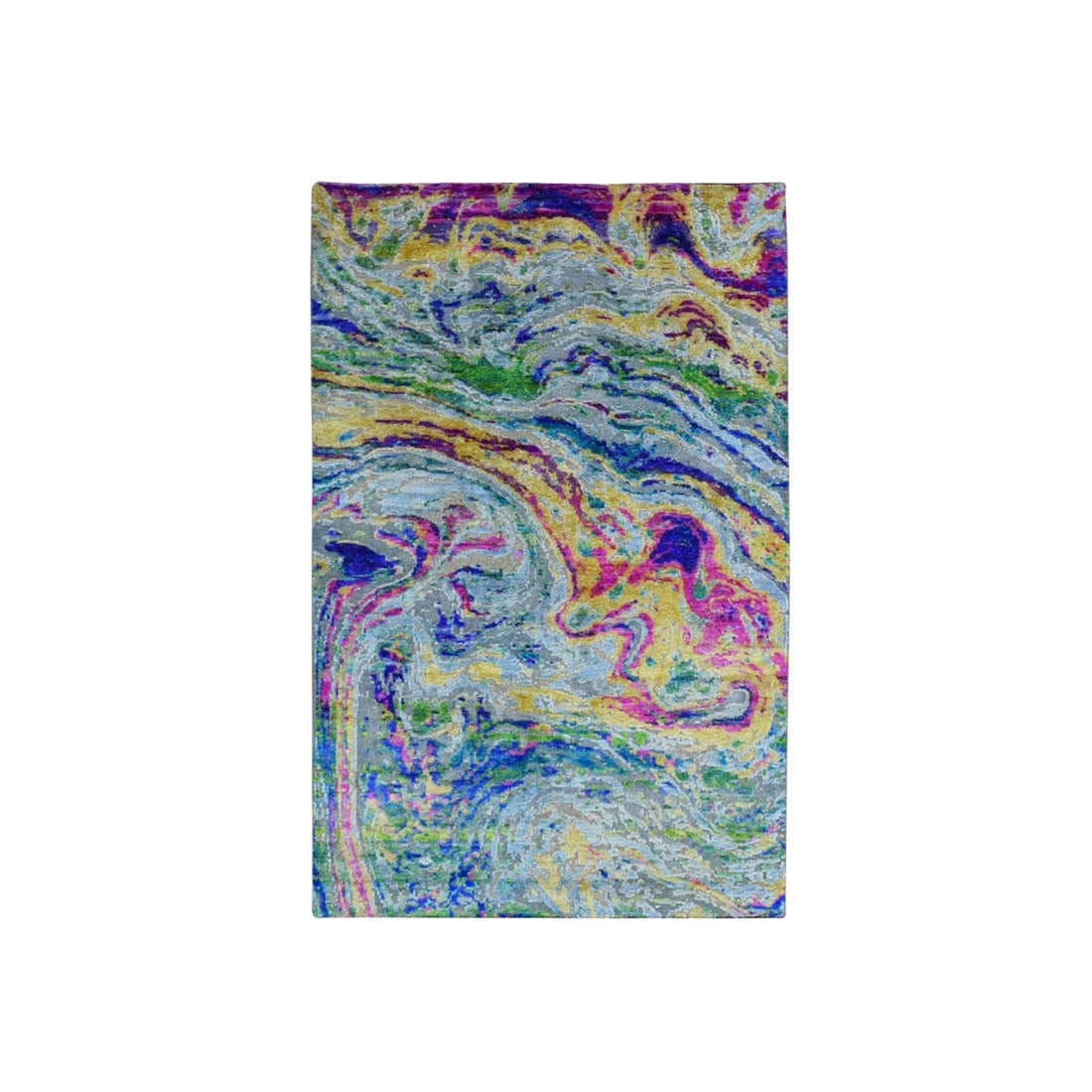 3'x5' Sari Silk with Text Wool The Lava Design Hand Knotted Oriental Rug: 3'x5' Sari Silk with Text Wool The Lava Design Hand Knotted Oriental Rug Hand-knotted with wool and silk, this vibrant 3'x5' Oriental rug boasts a striking Lava design in shades of yellow, pink, silve