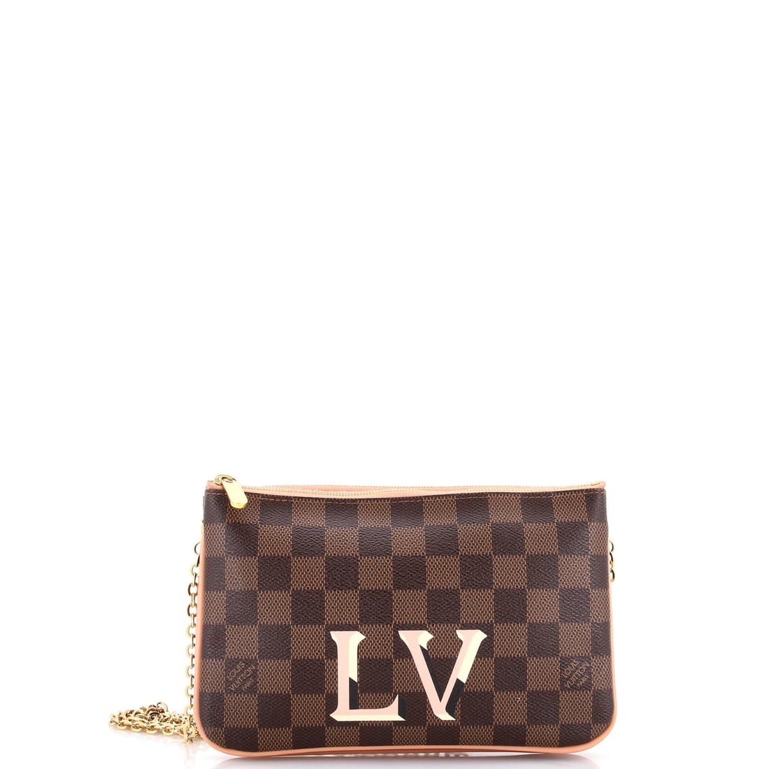 Louis Vuitton Double Zip Pochette Damier: Louis Vuitton Double Zip Pochette Damier Canvas Coated Louis Vuitton Double Zip Pochette Damier in Brown with Pink Microfiber Interior and Gold Hardware, featuring a classic design with scuffs, edge