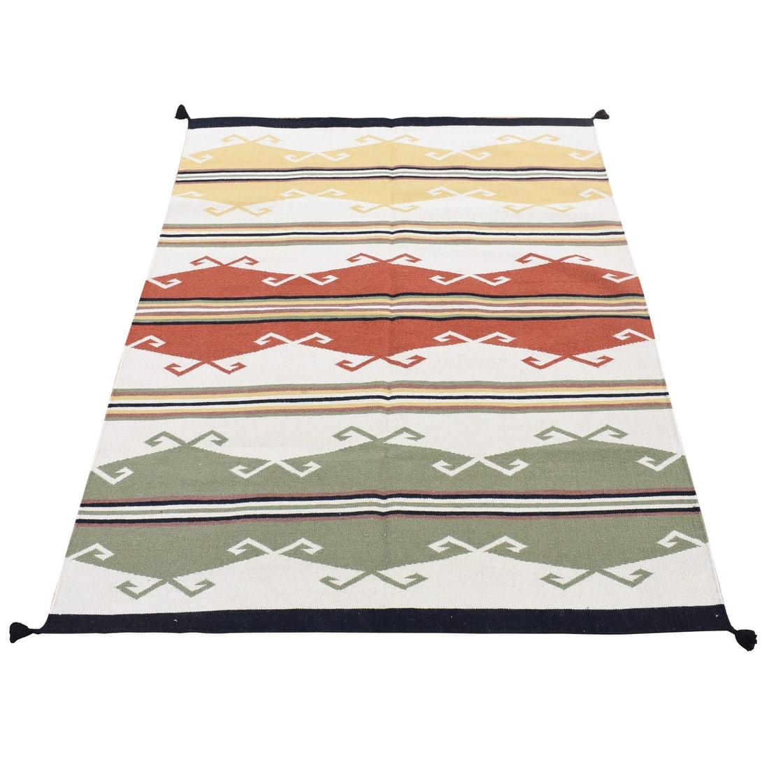 5'2"x7' Ivory Navajo Design Flat Weave Wool Hand Woven Rug: 5'2"x7' Ivory Navajo Design Flat Weave Wool Hand Woven Rug Hand-woven in traditional Navajo design, this 5'2"x7' Ivory Flat Weave Wool Rug boasts an elegant, rectangular field with a subtle pile. The 