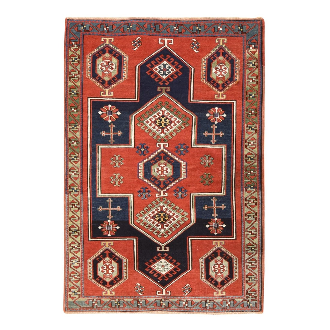 4'9"x7'1" Red Antique Caucasian Armenian Kazak Pure Wool Hand Knotted Rug: 4'9"x7'1" Red Antique Caucasian Armenian Kazak Pure Wool Hand Knotted Rug This stunning 4'9"x7'1" Red Armenian Kazak rug boasts an intricate geometric pattern, characteristic of the Oriental design