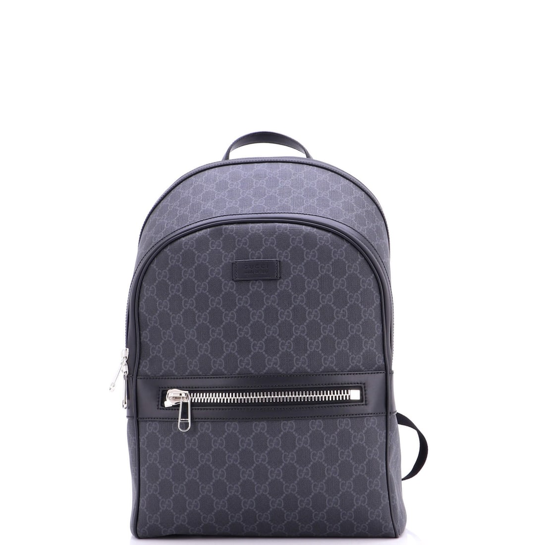 Gucci Front Zip Pocket Backpack GG Coated Canvas Medium: Gucci Front Zip Pocket Backpack GG Coated Canvas Medium Canvas Coated GG Embellishments Adorn This Medium-Sized Backpack, Measuring 16" Tall and 11" Wide. A Pristine Black Canvas Exterior Features a F