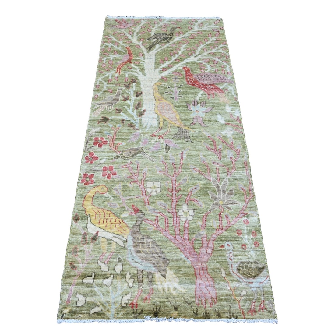 2'7"x6' Green Afghan Peshawar Birds Design Wool Hand Knotted Runner Rug: 2'7"x6' Green Afghan Peshawar Birds Design Wool Hand Knotted Runner Rug This stunning Green Afghan Peshawar Birds Design Wool Hand Knotted Runner Rug boasts an intricate Oriental regional design, show