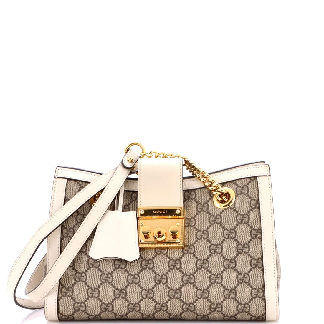 Small leather chain tote with coated canvas and gucci padlock GG: Small leather chain tote with coated canvas and gucci padlock GG Small leather chain tote with coated canvas and iconic Gucci padlock GG, adding a touch of luxury to your daily essentials. The white e