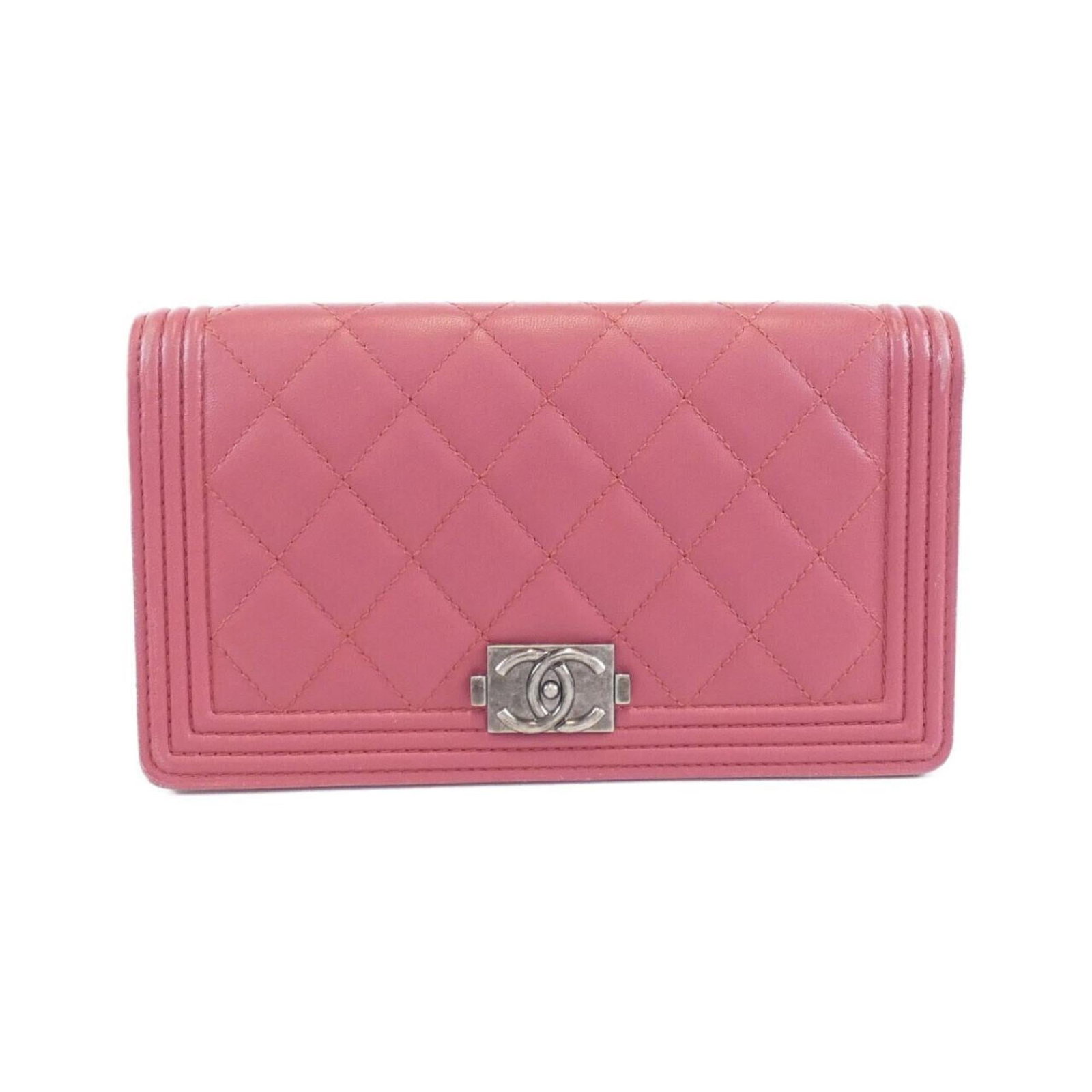 Long Wallet Leather Bi Fold Chanel: Long Wallet Leather Bi Fold Chanel Pink Lambskin Long Wallet with Guarantee Card. This bi-fold wallet from the Boy Chanel line features a sleek design and premium leather construction, making it a sty